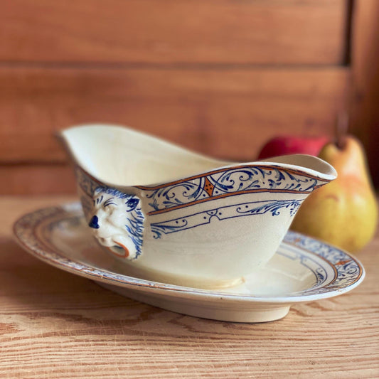 Creil Montereau Antique Ironstone Sauciere, Lion Head Handles, French Colbert Transferware