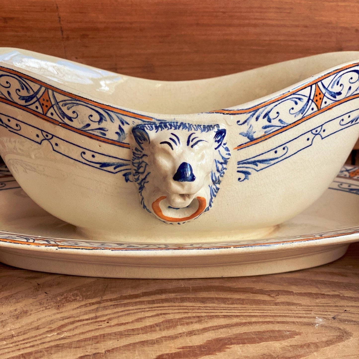 Creil Montereau Antique Ironstone Sauciere, Lion Head Handles, French Colbert Transferware