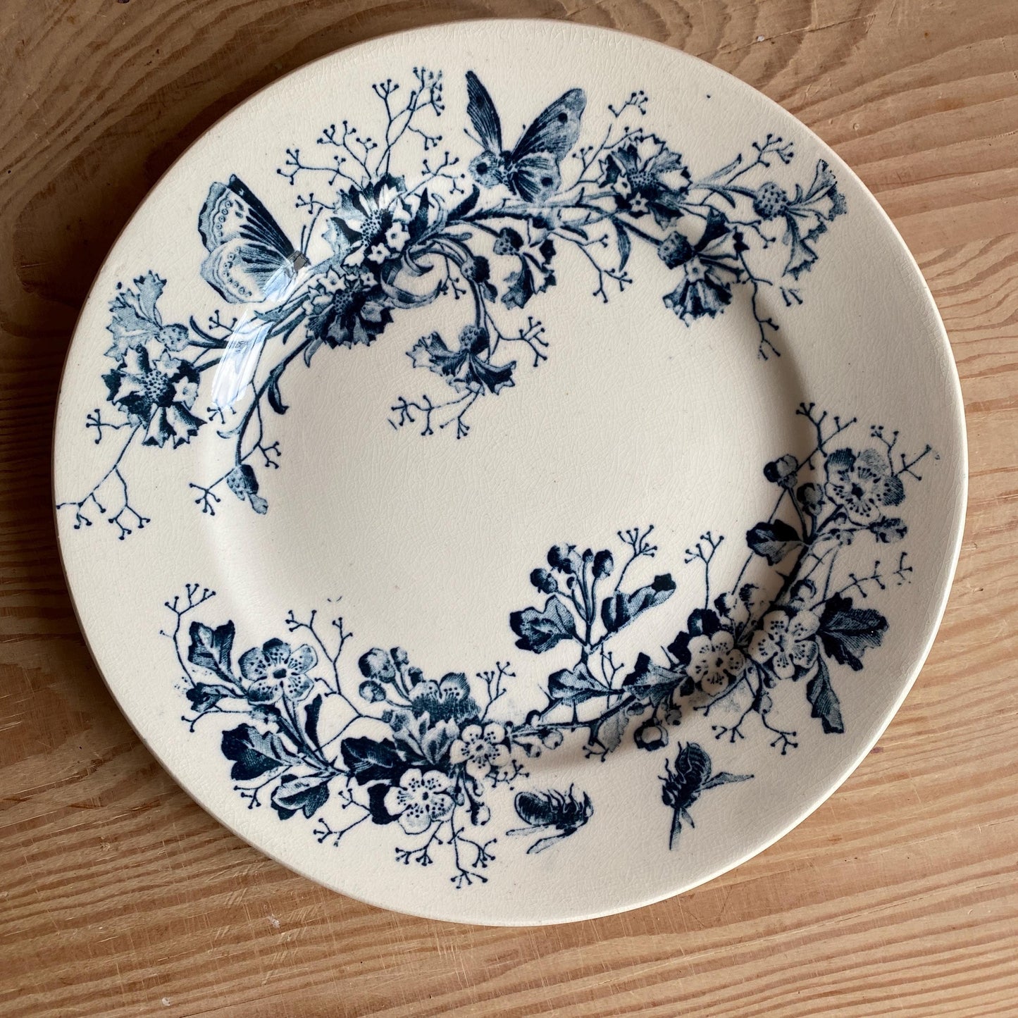 Antique Butterflies & Bees Side/dessert Plates (Set of 3): French teal blue Transferware, c1890
