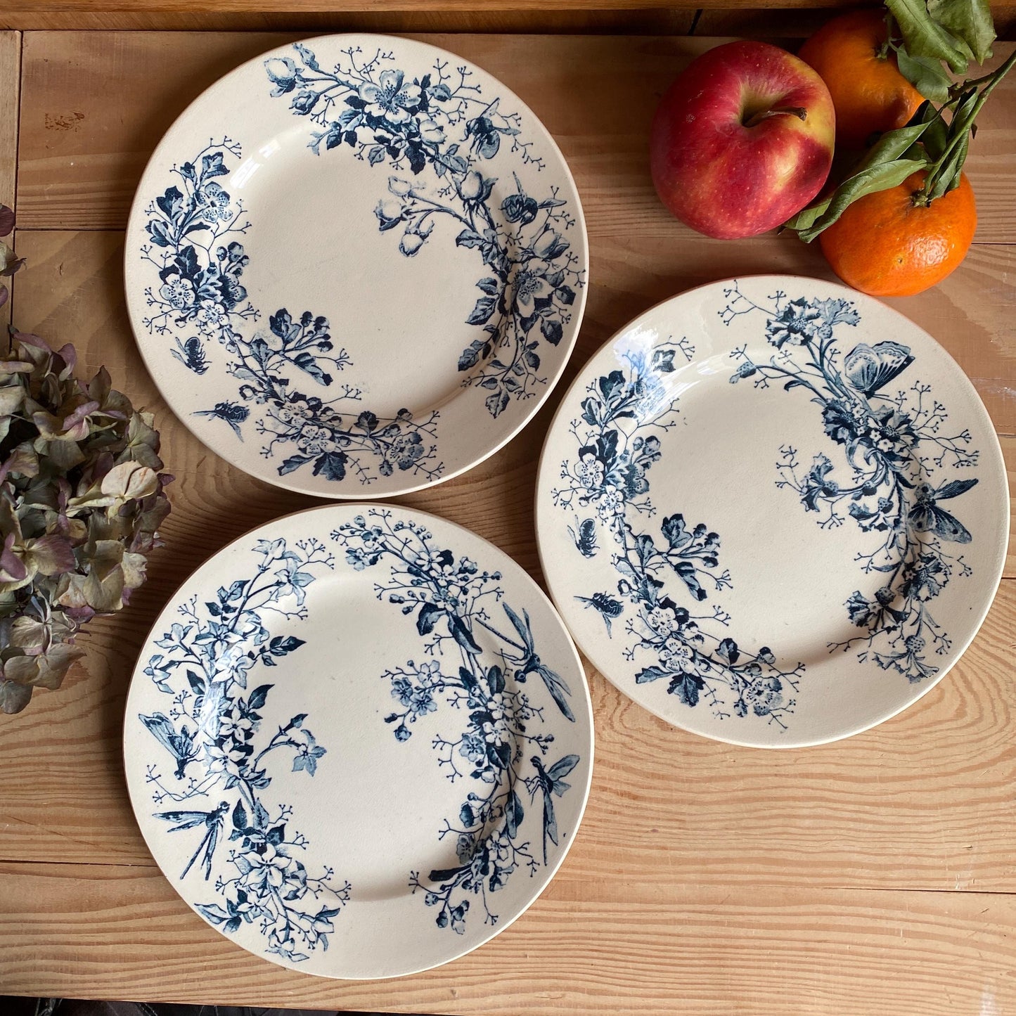 Antique Butterflies & Bees Side/dessert Plates (Set of 3): French teal blue Transferware, c1890