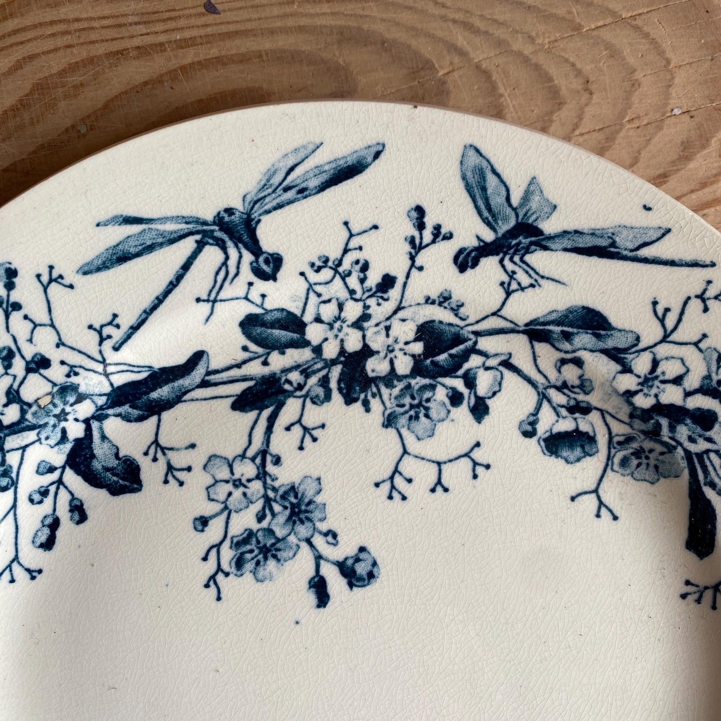 Antique Butterflies & Bees Side/dessert Plates (Set of 3): French teal blue Transferware, c1890