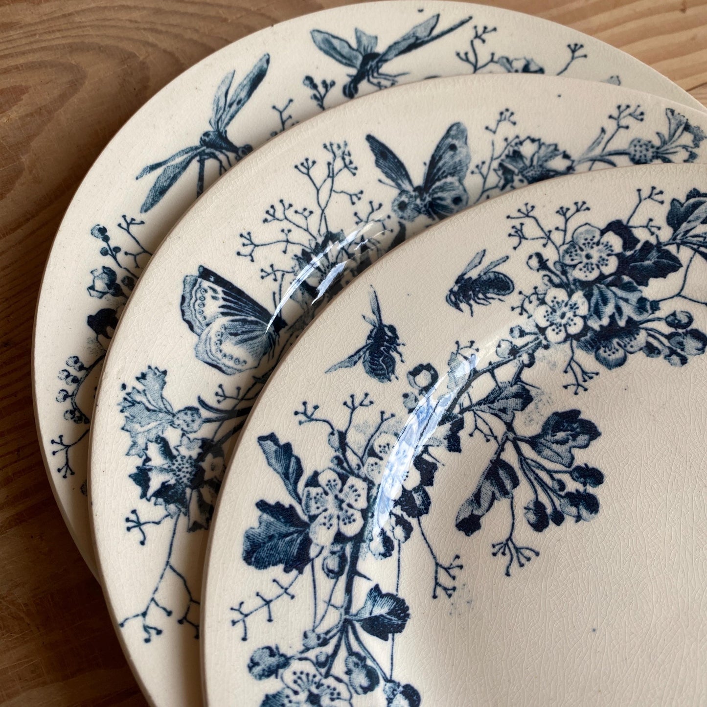 Antique Butterflies & Bees Side/dessert Plates (Set of 3): French teal blue Transferware, c1890