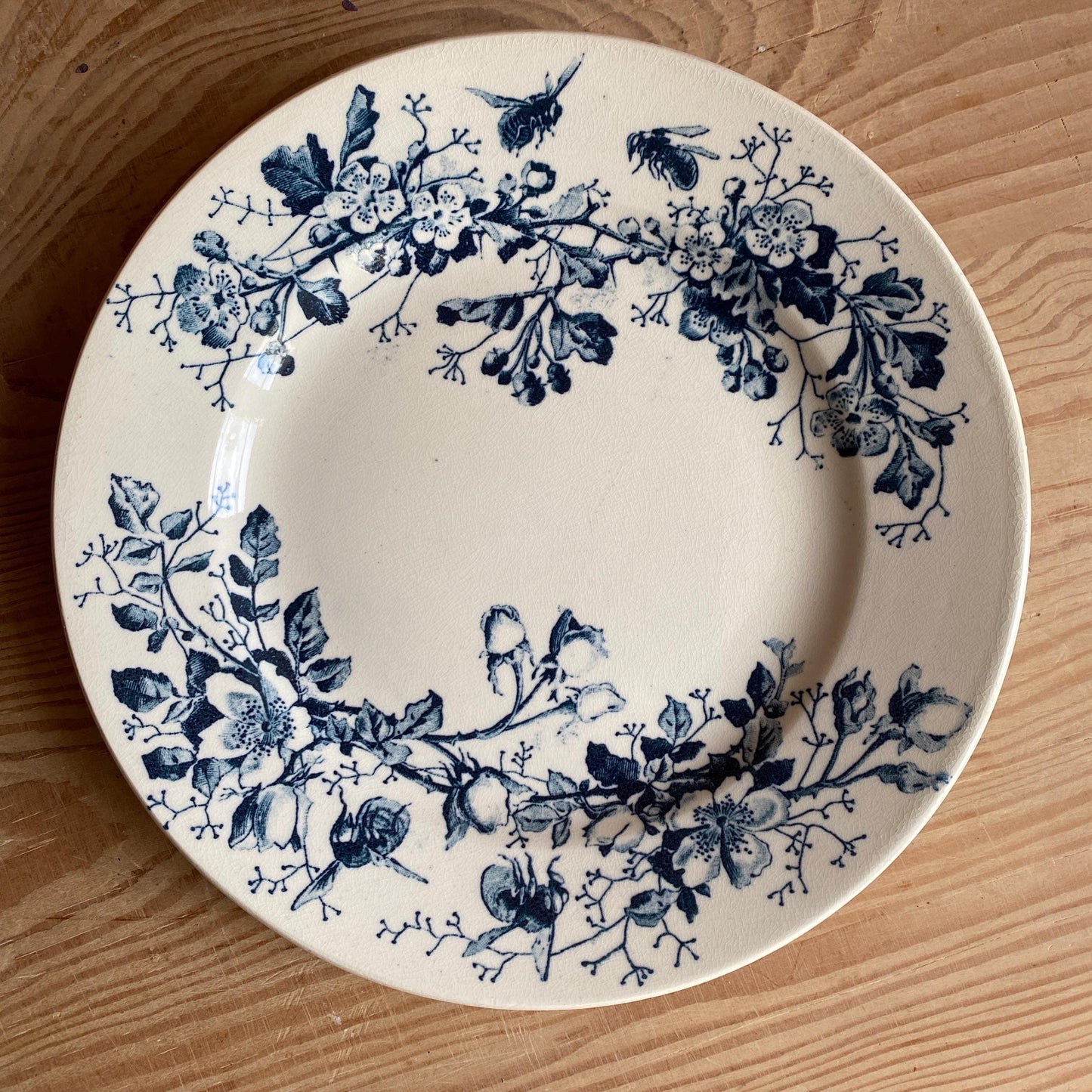 Antique Butterflies & Bees Side/dessert Plates (Set of 3): French teal blue Transferware, c1890
