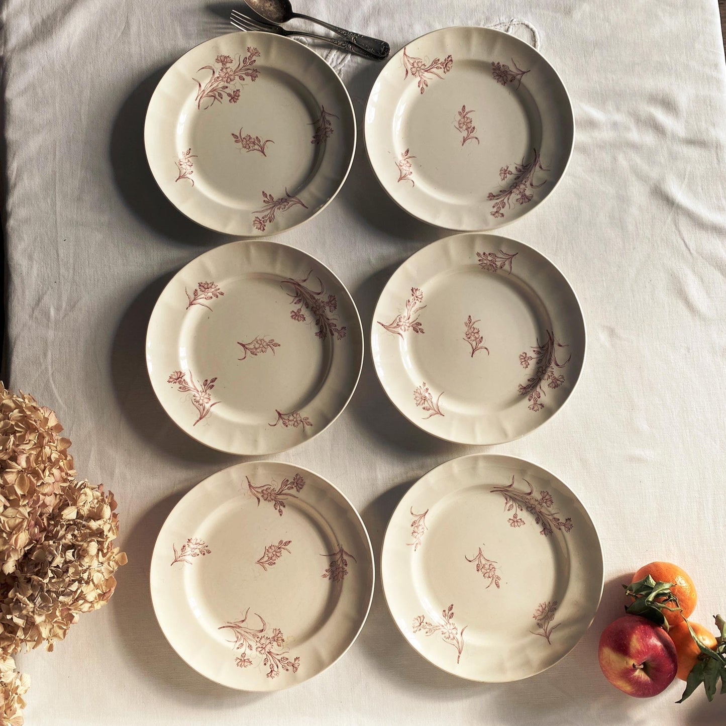 Set 6 Antique Longwy France Dinner plates, Bluets Pattern, rose Pink Transferware
