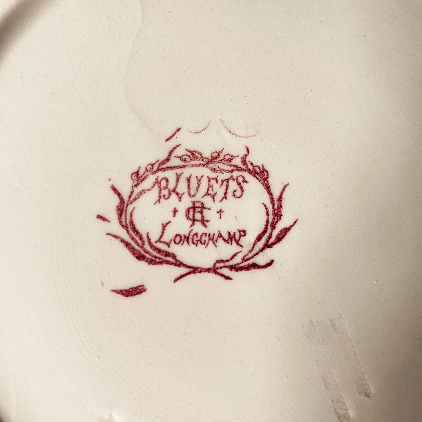 Set 6 Antique Longwy France Dinner plates, Bluets Pattern, rose Pink Transferware