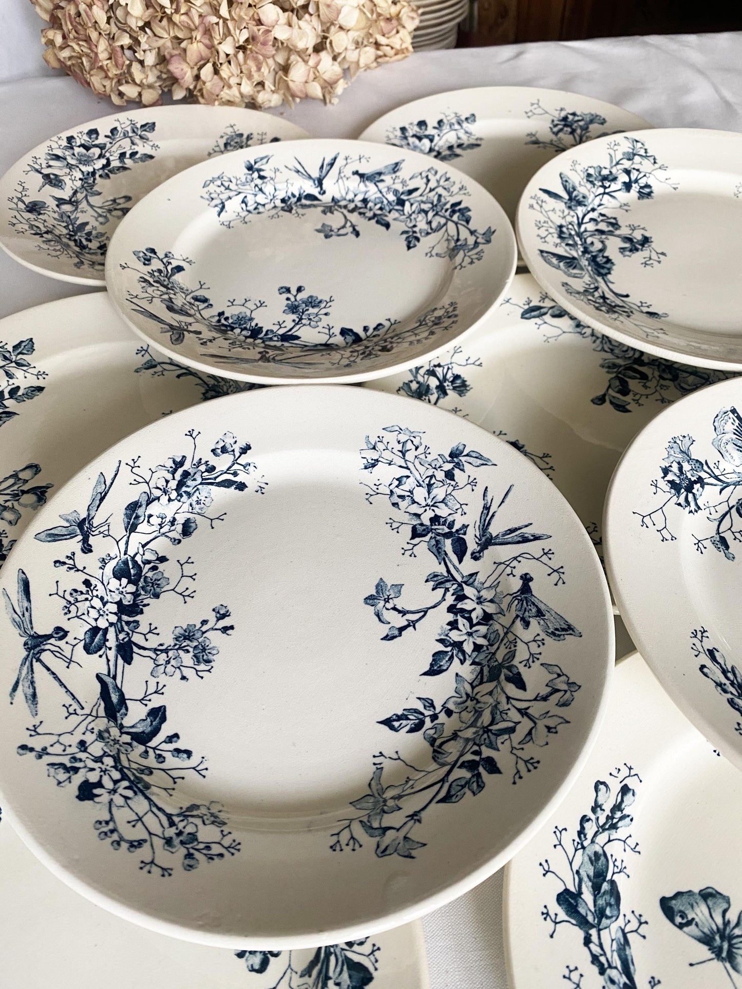 Antique Butterflies & Floral Dinner Service: French Blue Transferware, 10-Place Setting