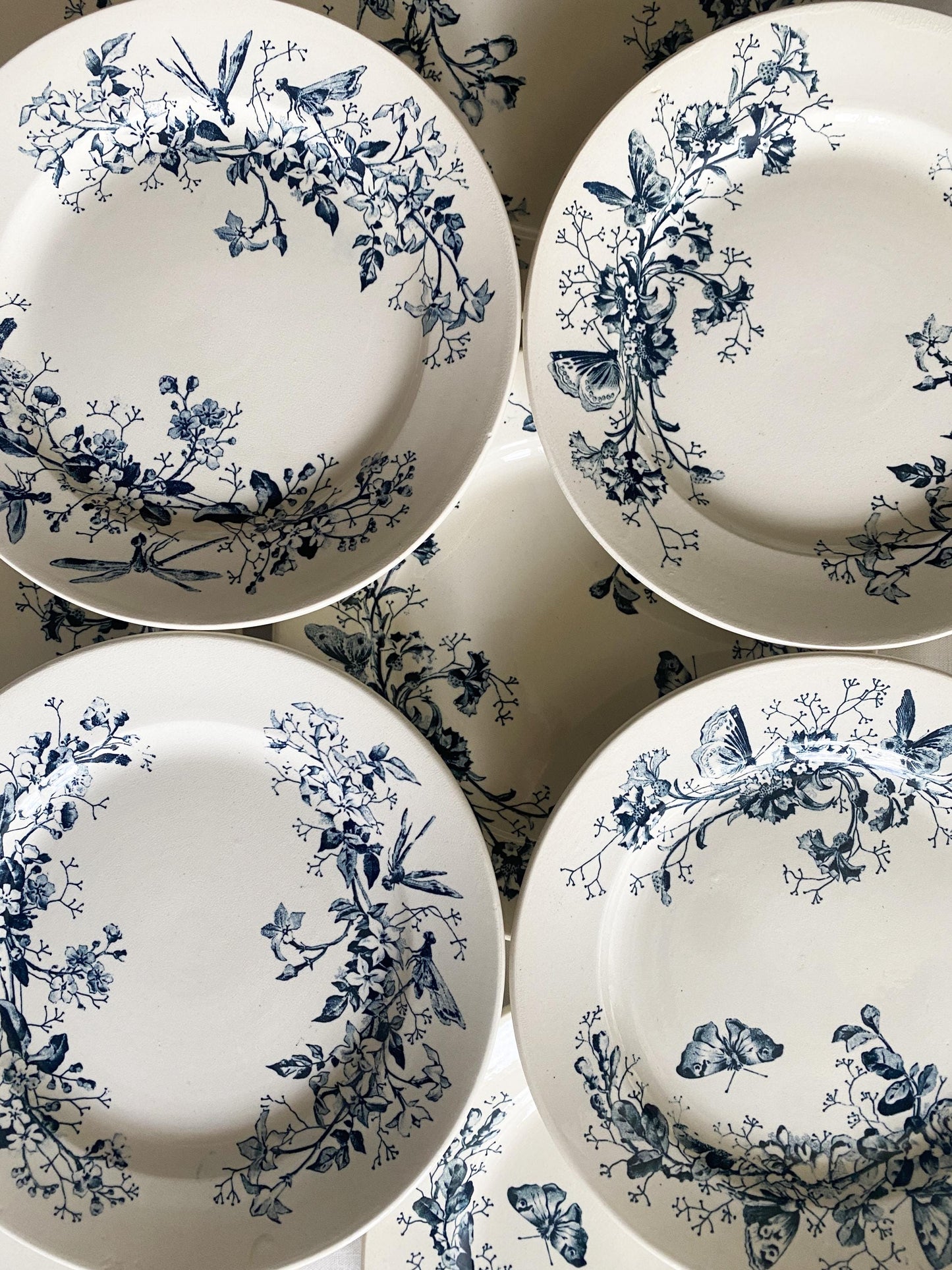 Antique Butterflies & Floral Dinner Service: French Blue Transferware, 10-Place Setting