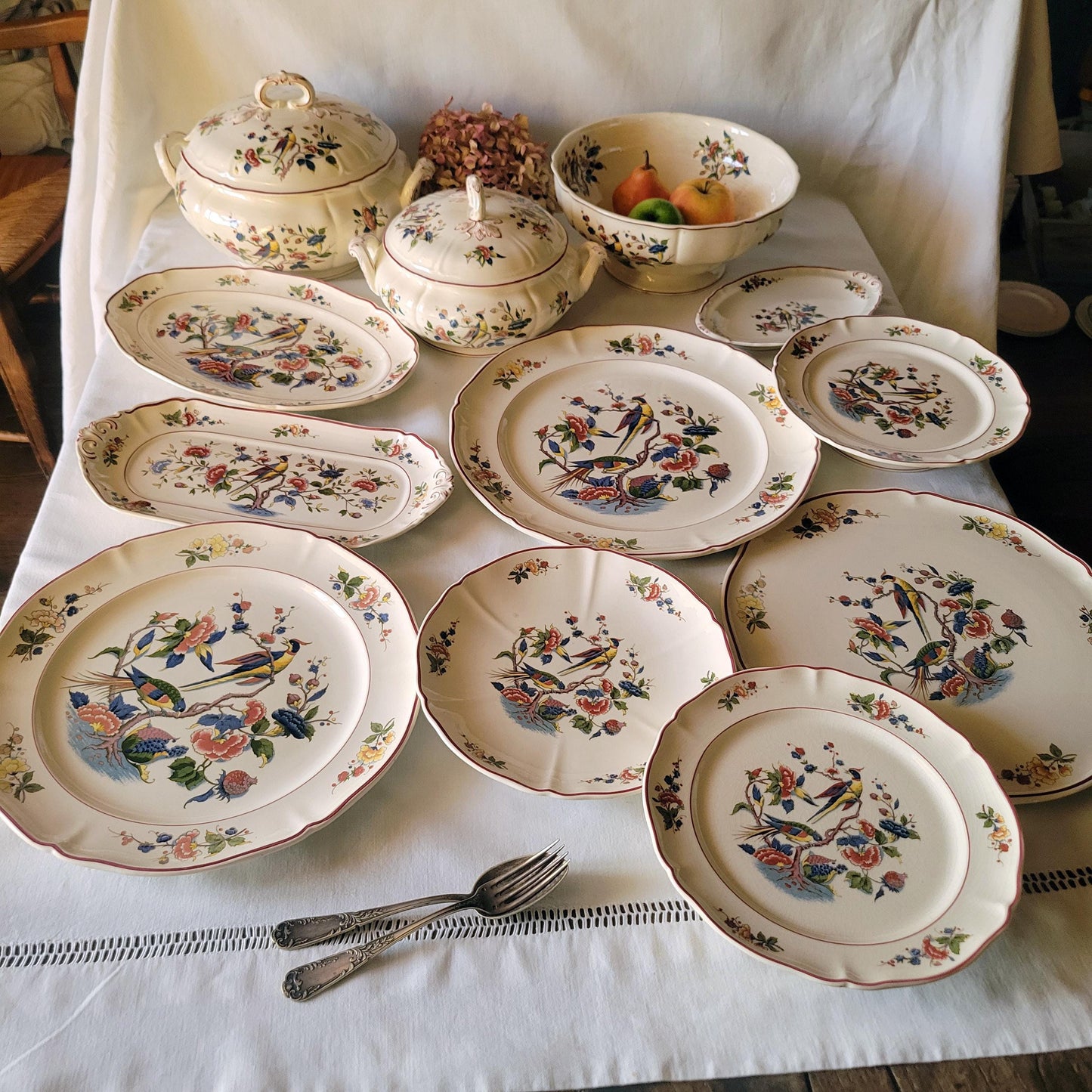 Vintage Villeroy & Boch 12-24 Place Dinner Service, Phoenix Bird Floral Design, 60pc