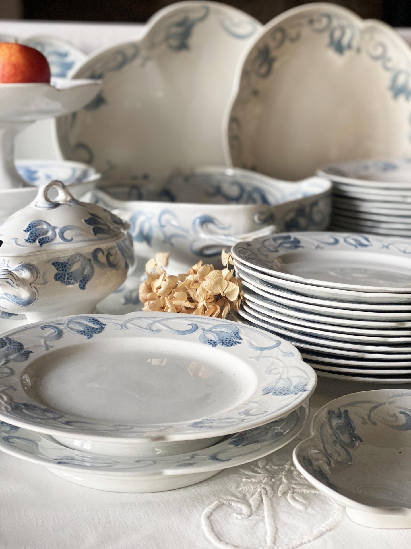 Antique French Sarreguemines 12-place Dinner Service, Art Nouveau Blue Floral, 47 pc Set
