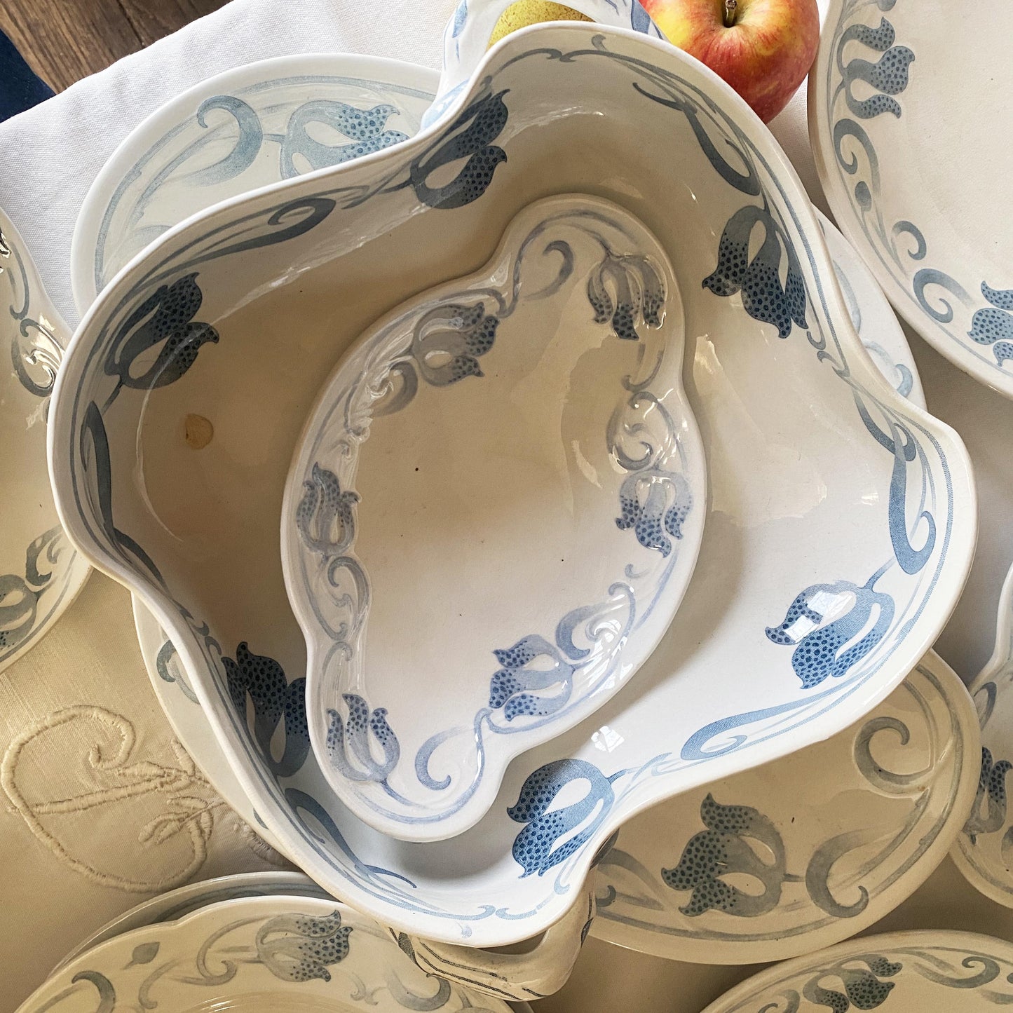 Antique French Sarreguemines 12-place Dinner Service, Art Nouveau Blue Floral, 47 pc Set