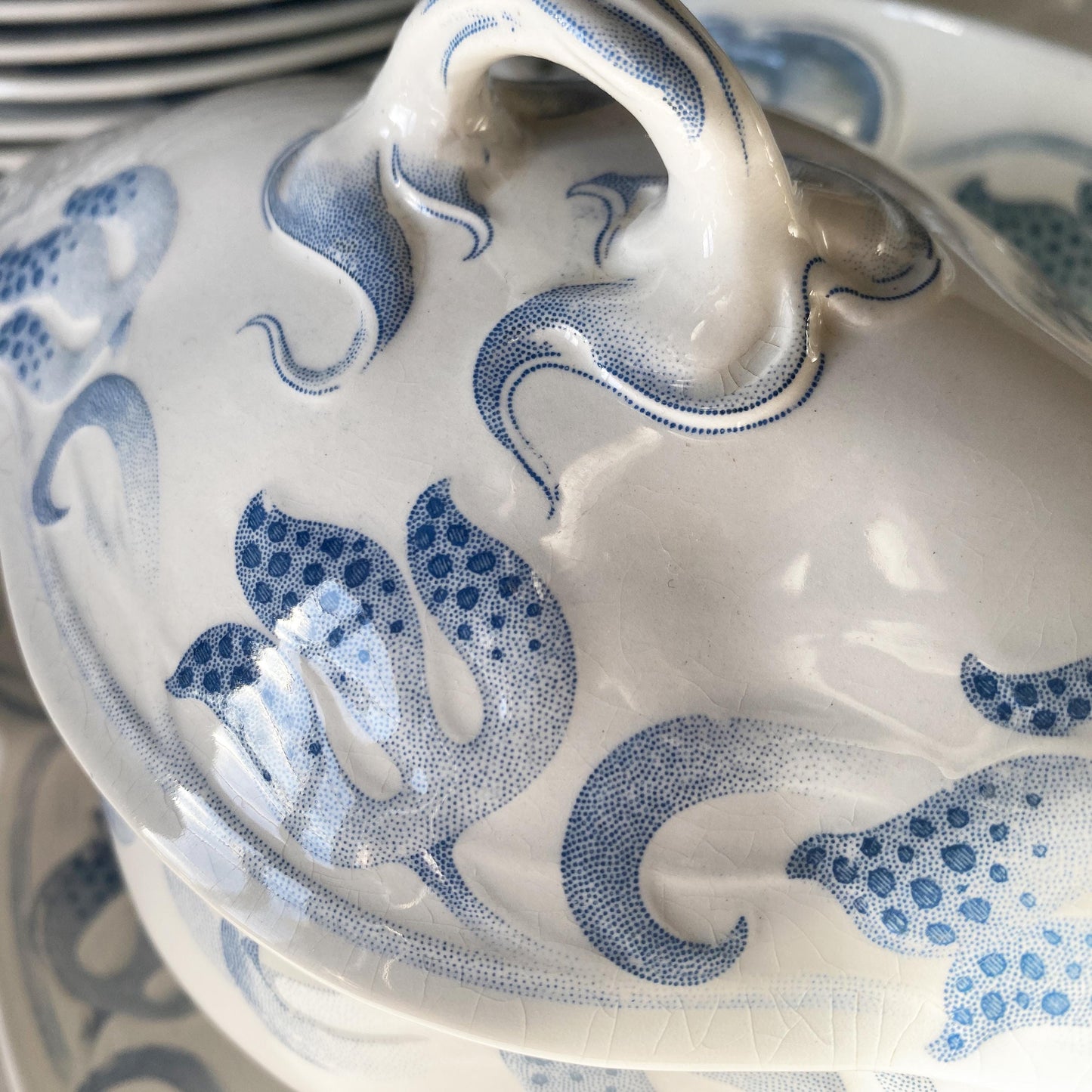 Antique French Sarreguemines 12-place Dinner Service, Art Nouveau Blue Floral, 47 pc Set