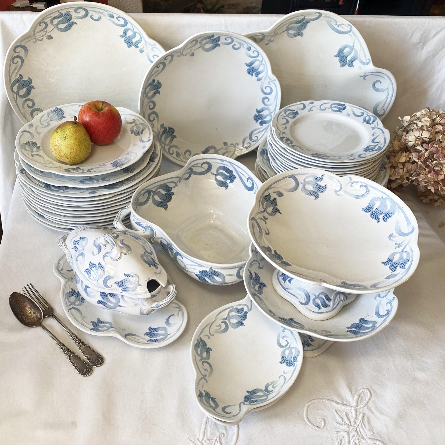 Antique French Sarreguemines 12-place Dinner Service, Art Nouveau Blue Floral, 47 pc Set
