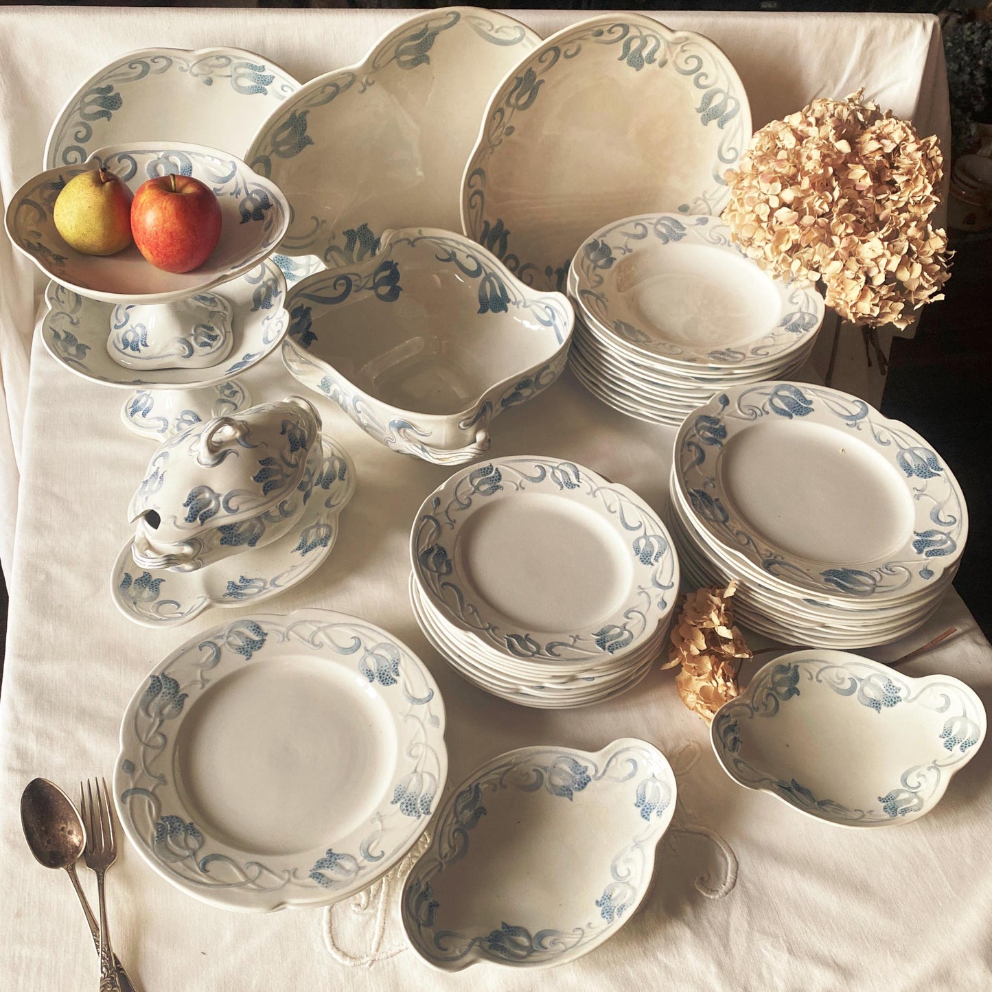Antique French Sarreguemines 12-place Dinner Service, Art Nouveau Blue Floral, 47 pc Set