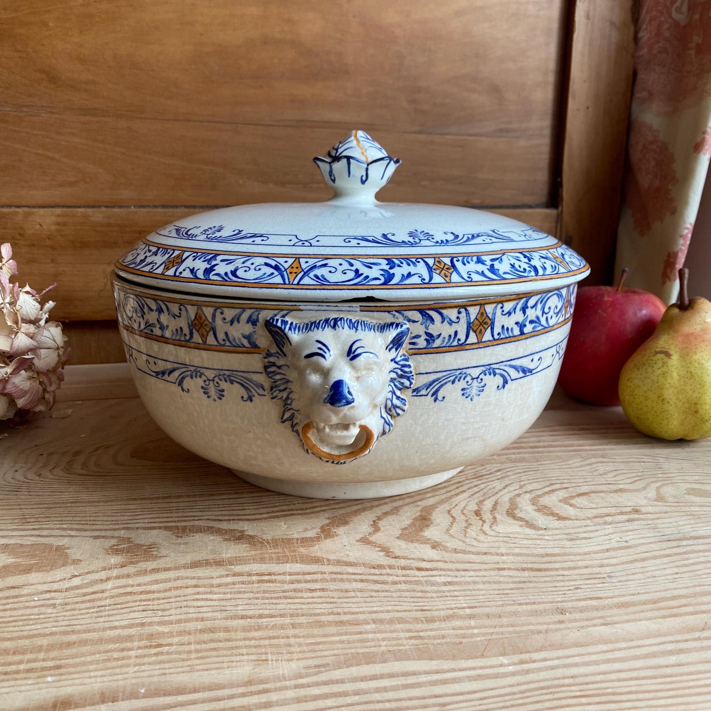 Creil Montereau Antique Tureen, French Ironstone Soupiere, Lion Head Handles