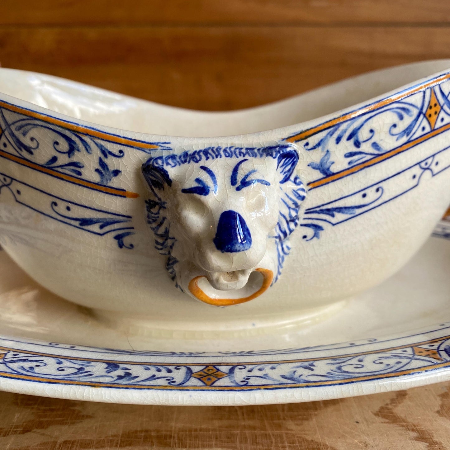 Creil Montereau Antique Ironstone Sauciere, Lion Head Handles, French Colbert Transferware