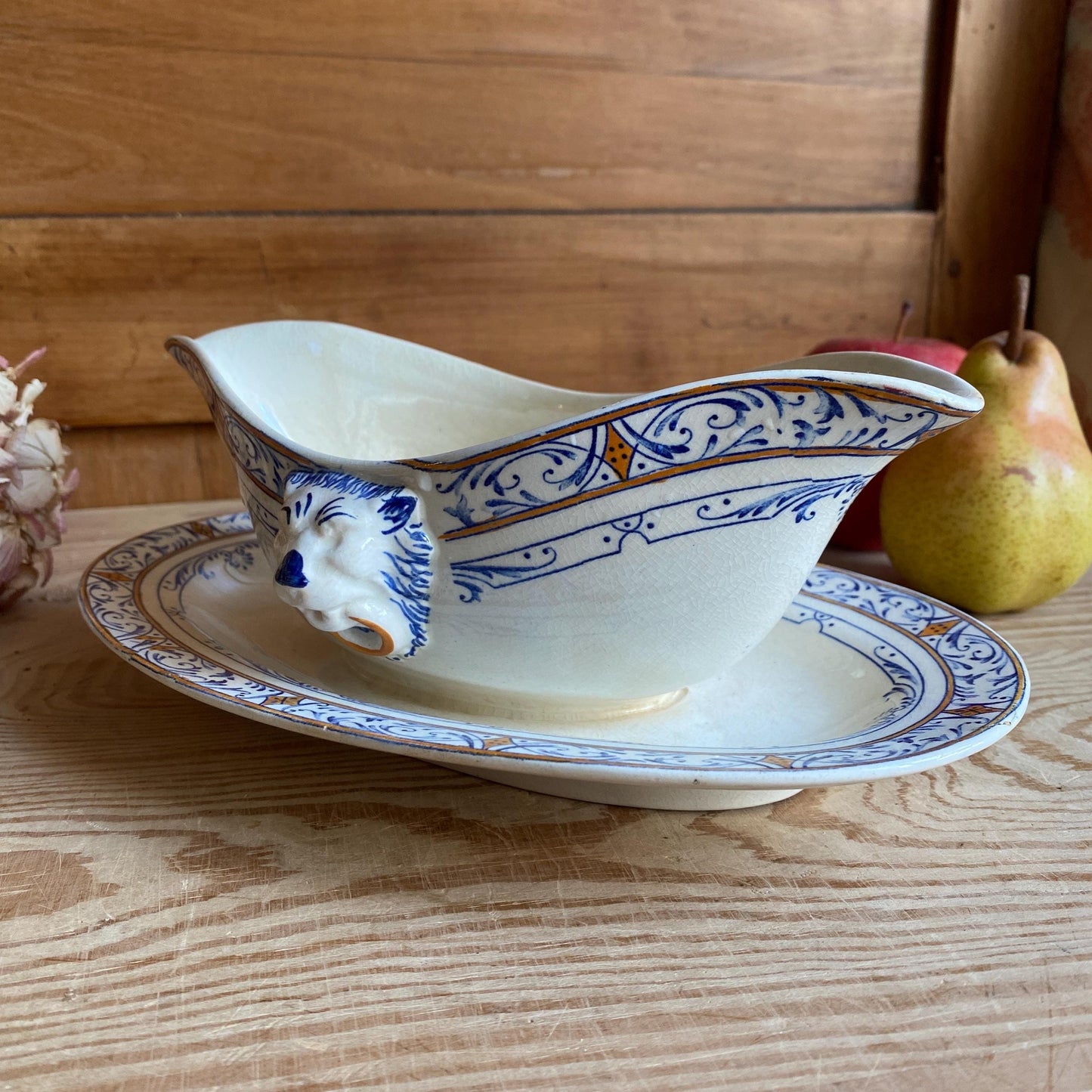 Creil Montereau Antique Ironstone Sauciere, Lion Head Handles, French Colbert Transferware
