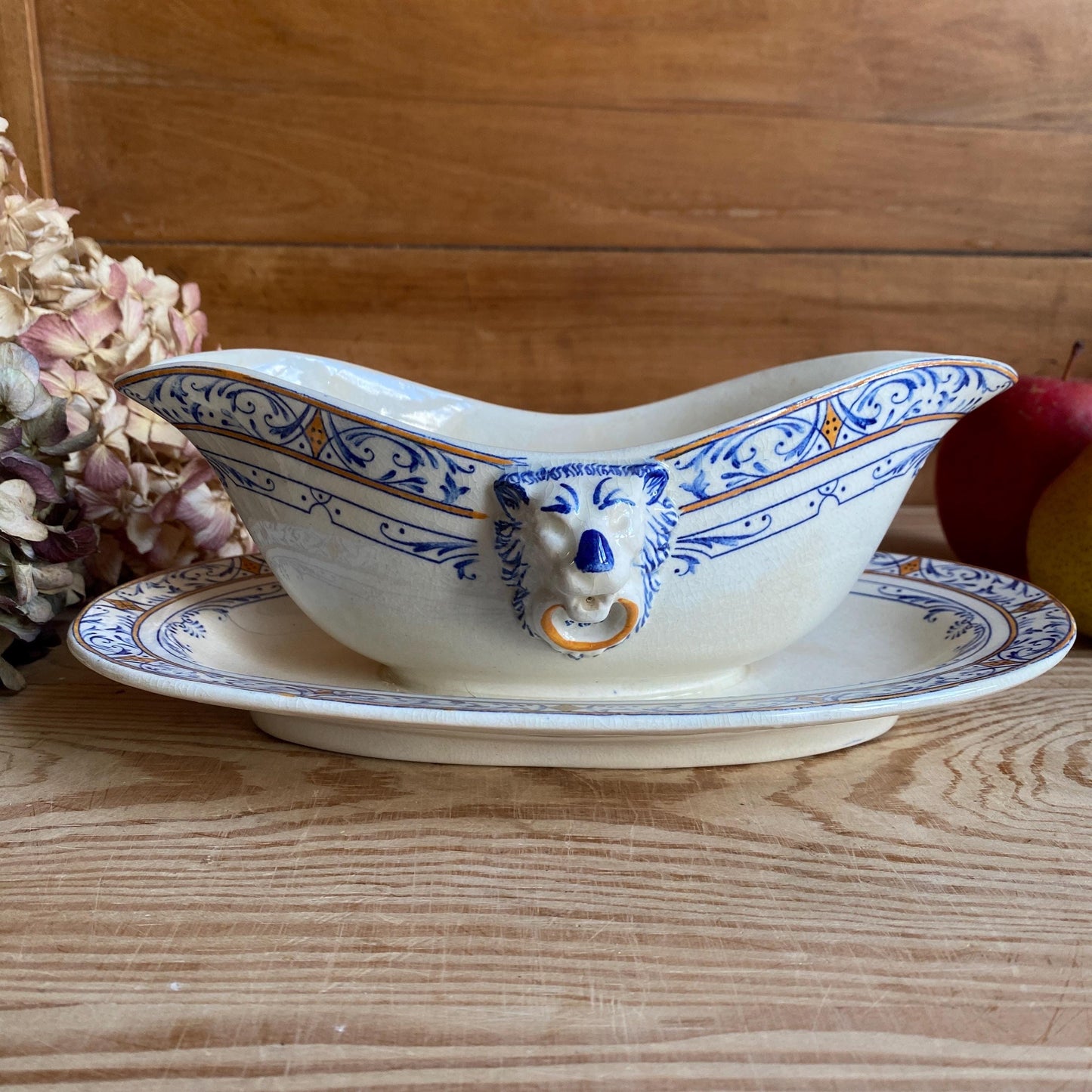 Creil Montereau Antique Ironstone Sauciere, Lion Head Handles, French Colbert Transferware