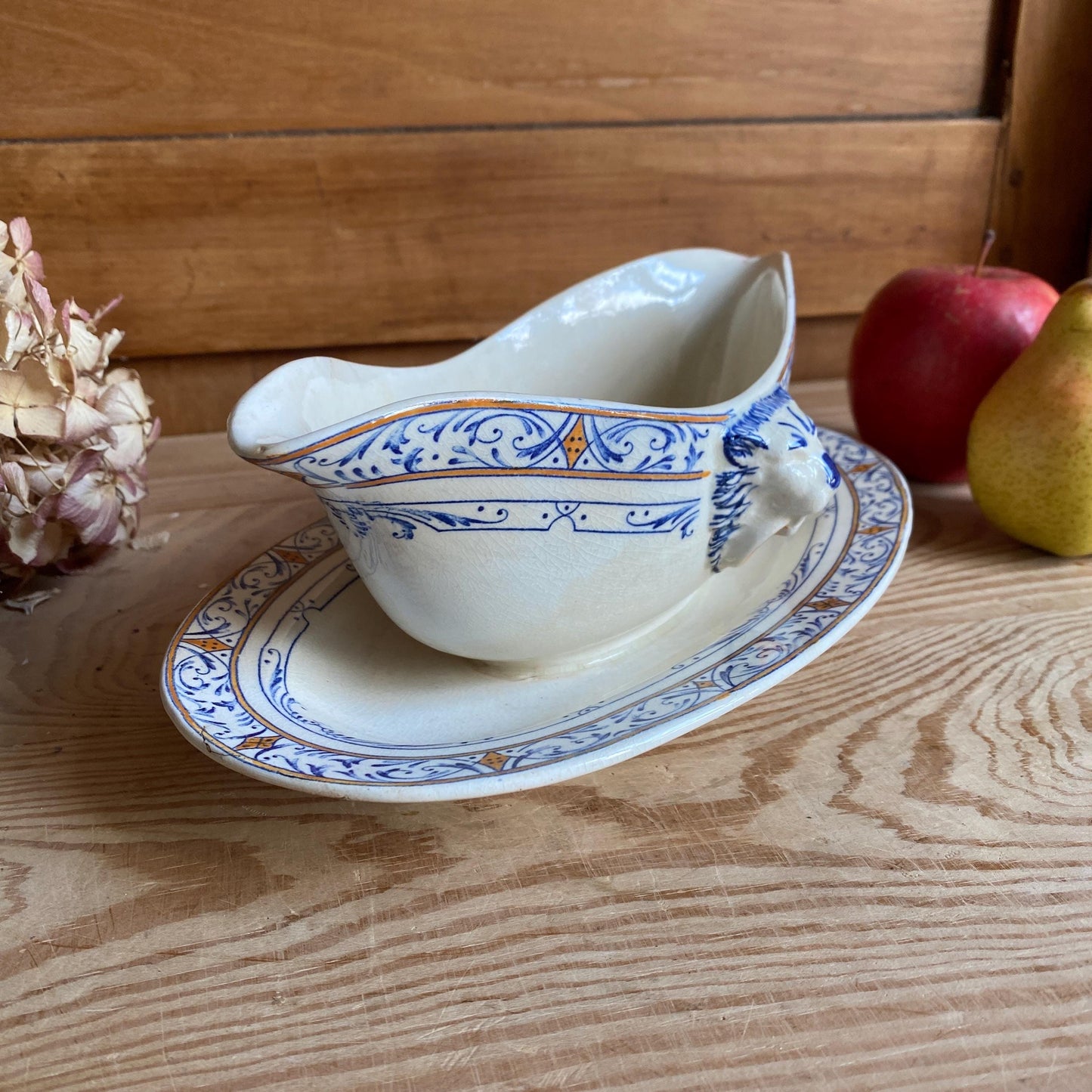 Creil Montereau Antique Ironstone Sauciere, Lion Head Handles, French Colbert Transferware