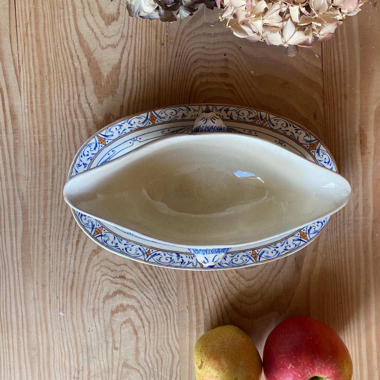 Creil Montereau Antique Ironstone Sauciere, Lion Head Handles, French Colbert Transferware