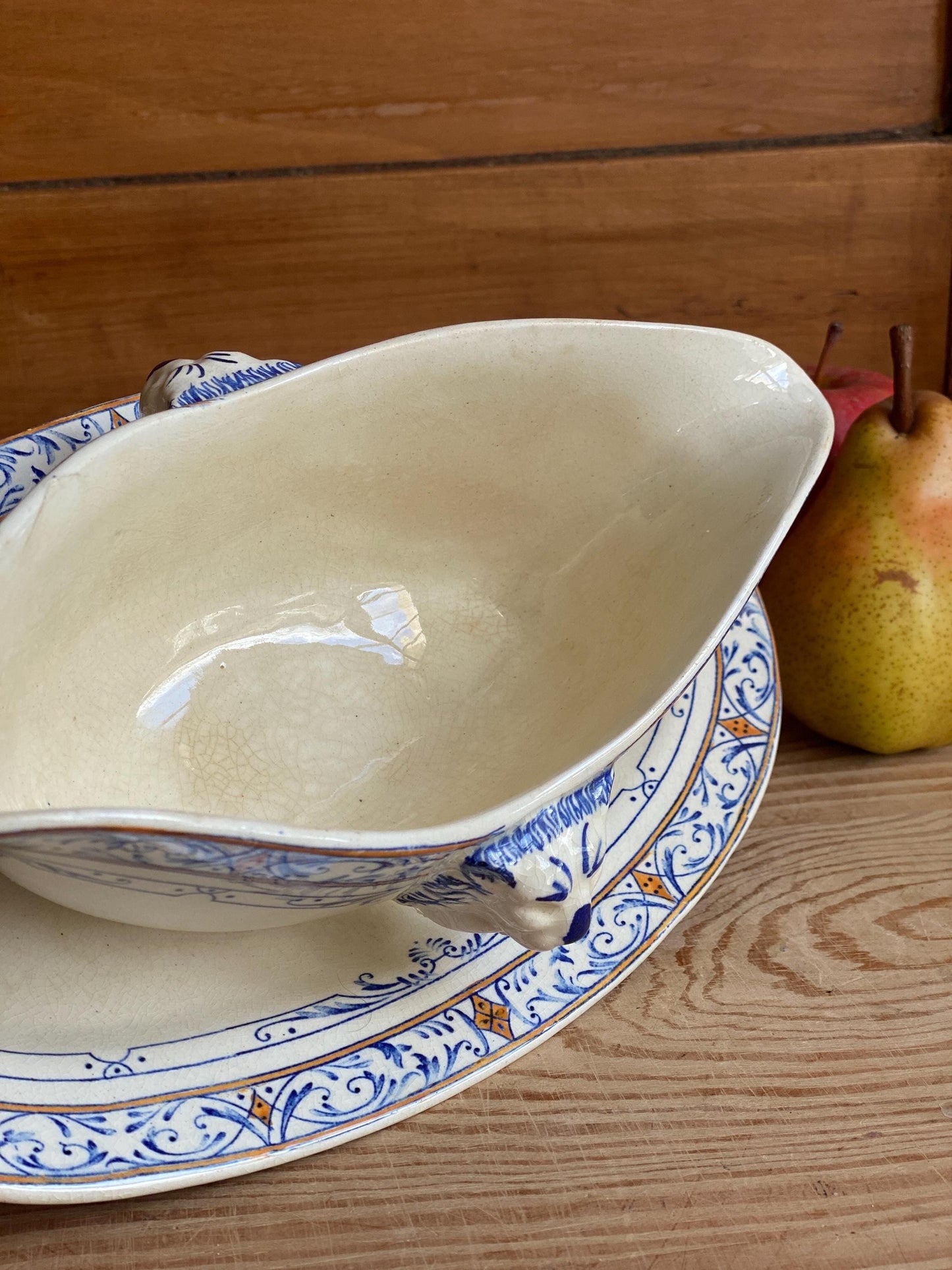 Creil Montereau Antique Ironstone Sauciere, Lion Head Handles, French Colbert Transferware