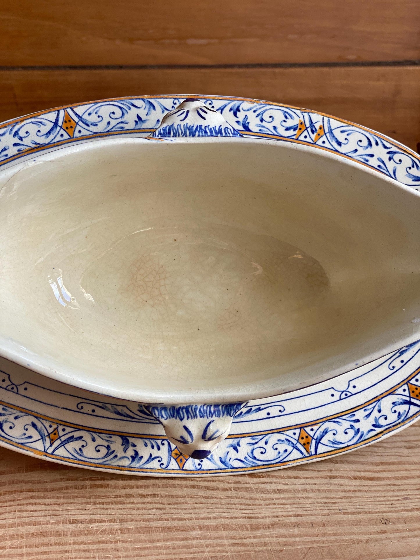 Creil Montereau Antique Ironstone Sauciere, Lion Head Handles, French Colbert Transferware