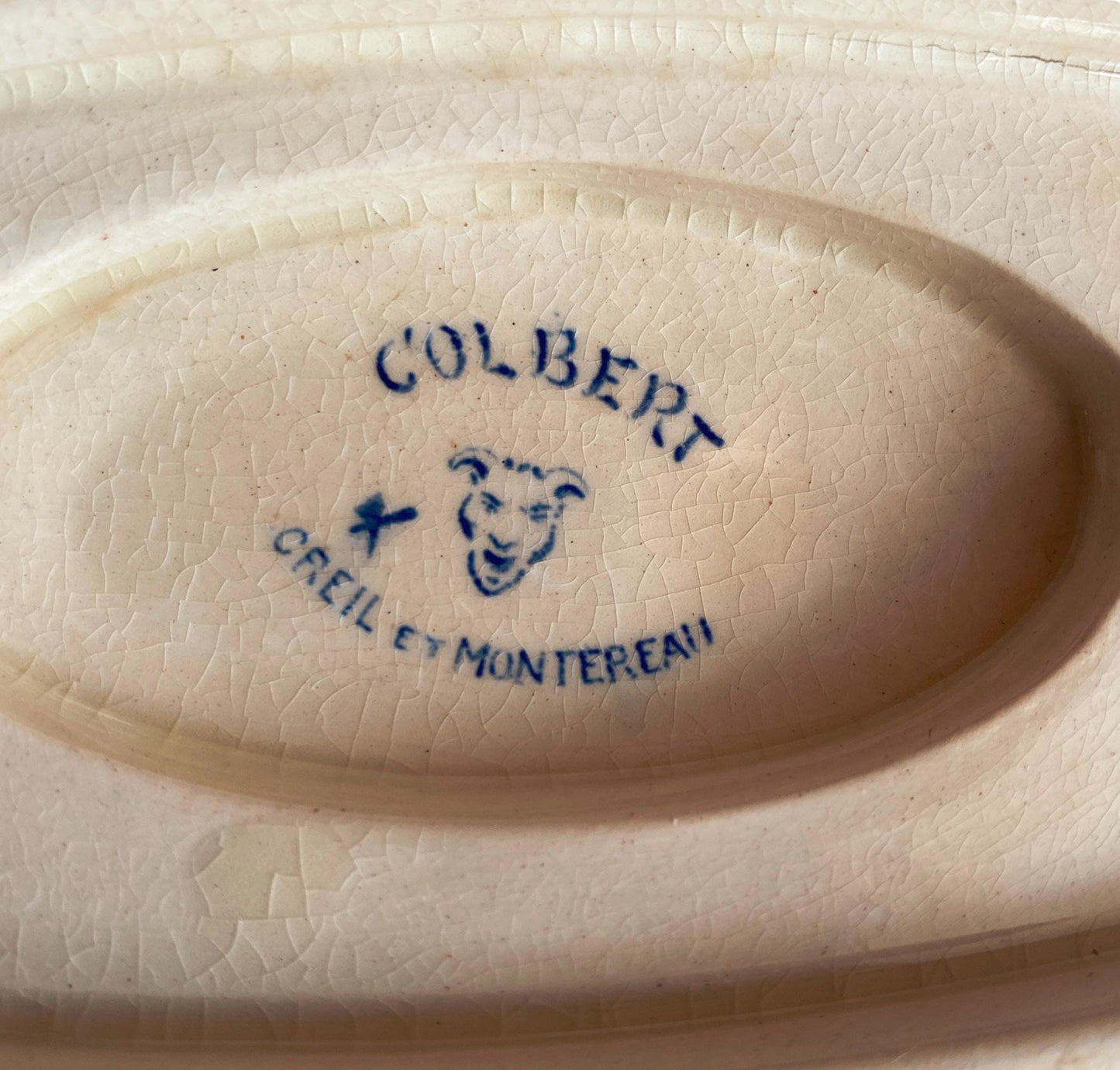 Creil Montereau Antique Ironstone Sauciere, Lion Head Handles, French Colbert Transferware