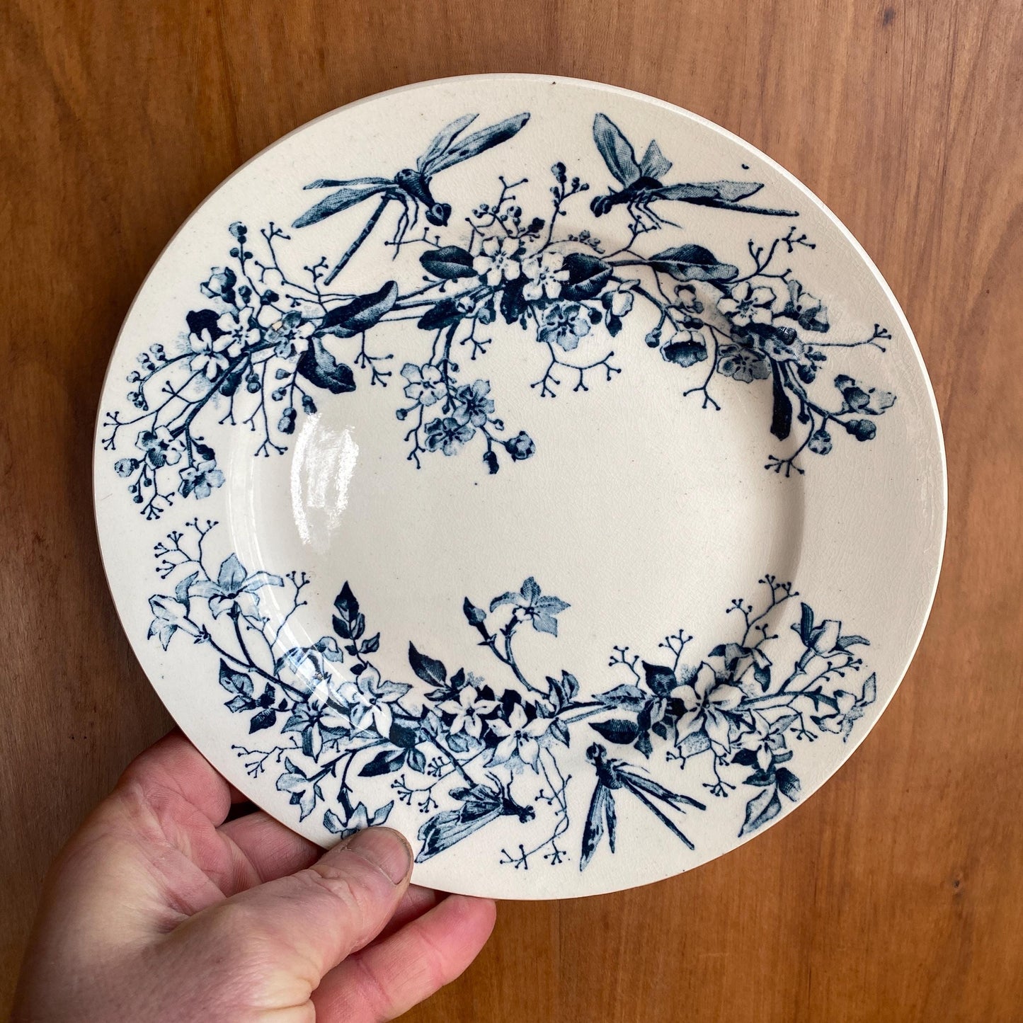 Antique Butterflies & Bees Side/dessert Plates (Set of 3): French teal blue Transferware, c1890