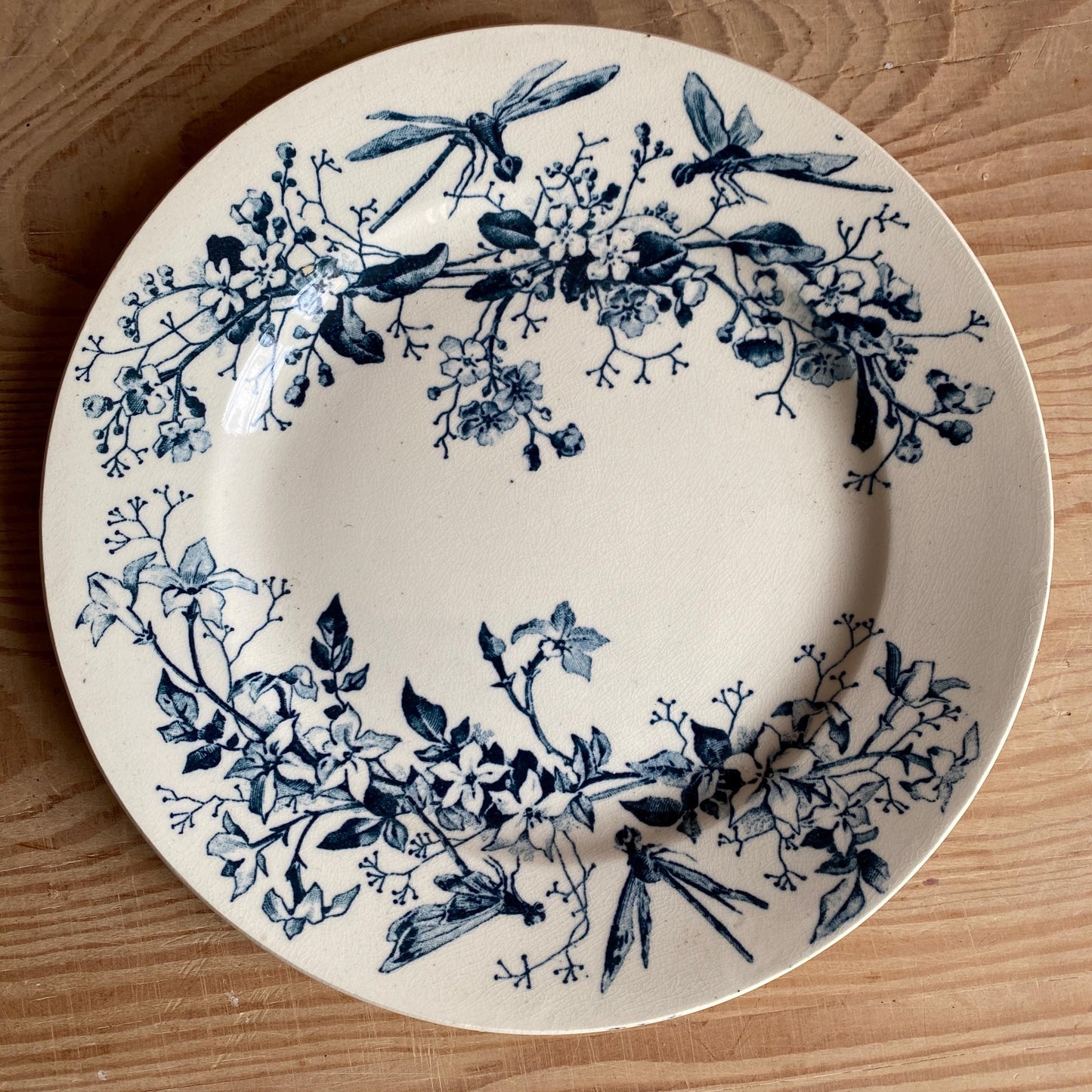 Antique Butterflies & Bees Side/dessert Plates (Set of 3): French teal blue Transferware, c1890