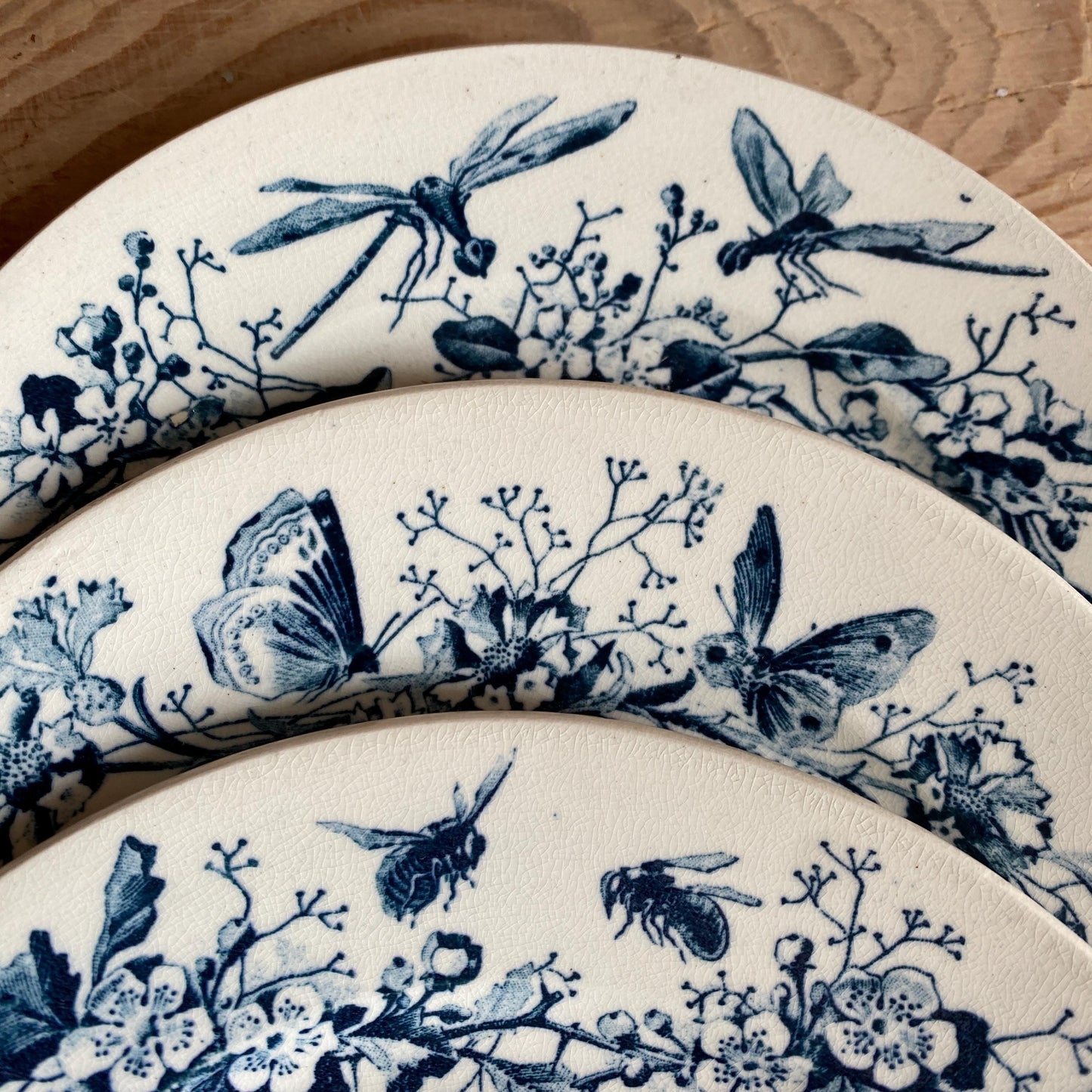 Antique Butterflies & Bees Side/dessert Plates (Set of 3): French teal blue Transferware, c1890