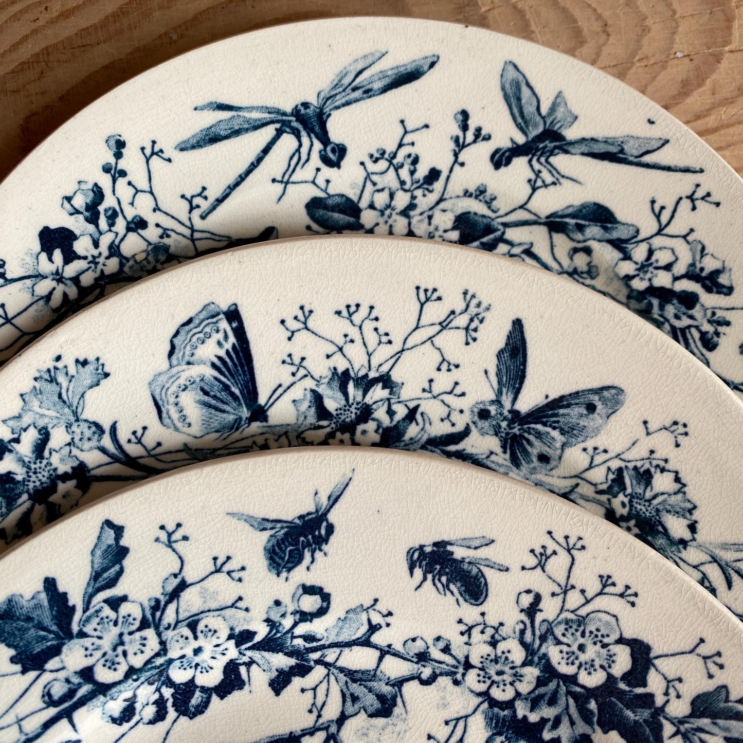 Antique Butterflies & Bees Side/dessert Plates (Set of 3): French teal blue Transferware, c1890