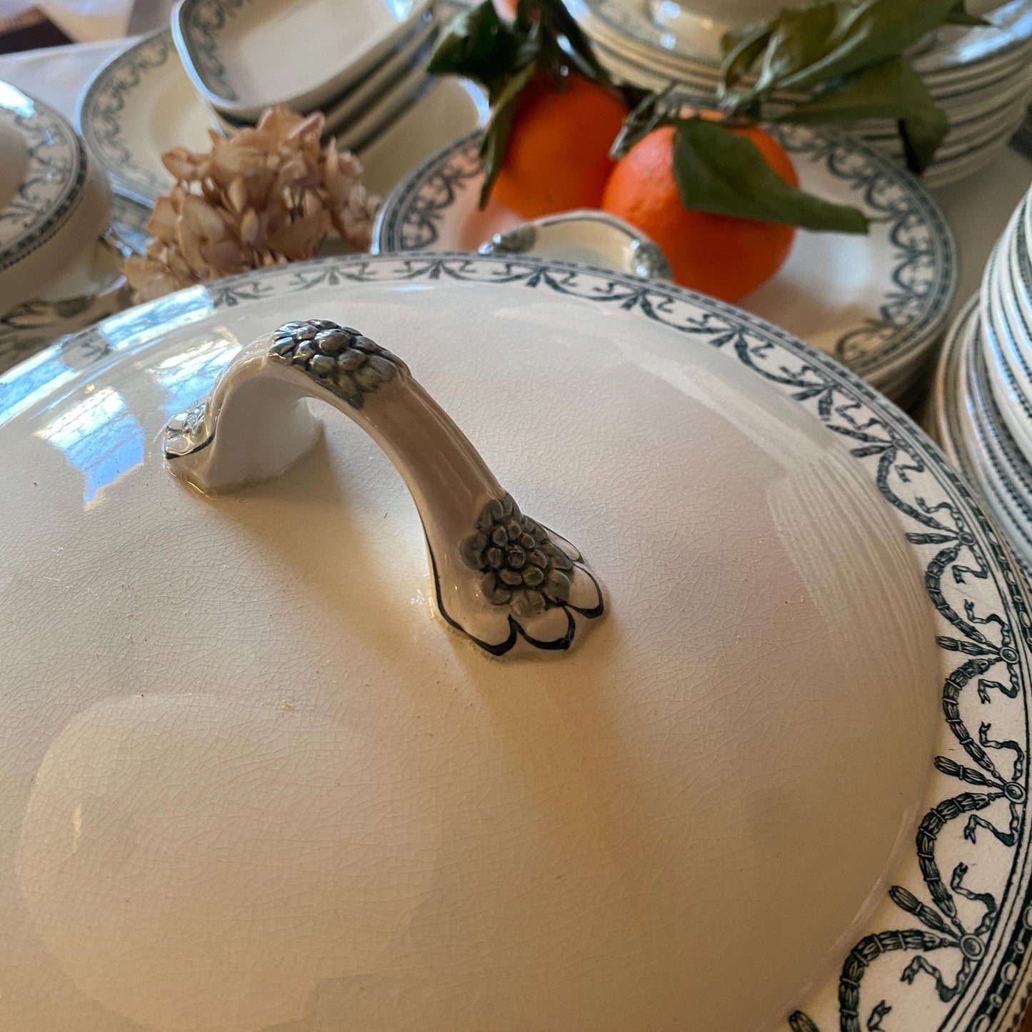 Antique Dinner Service, Salins France 24/12-Place Dinner Service, 'Guirlandes Louis XVI' Pattern, 50pc Green Transferware