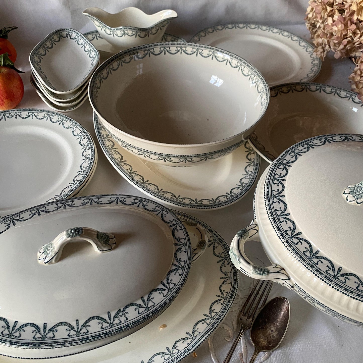 Antique Dinner Service, Salins France 24/12-Place Dinner Service, 'Guirlandes Louis XVI' Pattern, 50pc Green Transferware