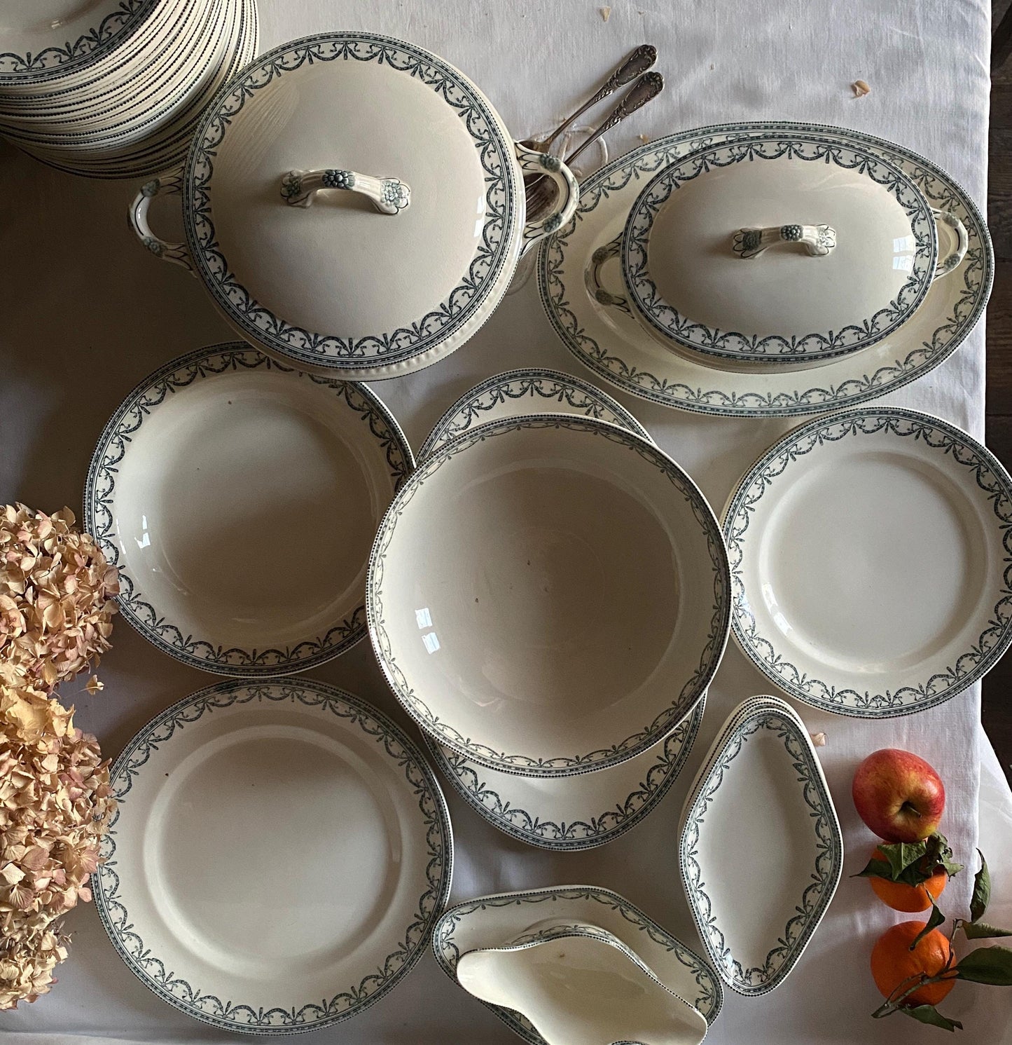 Antique Dinner Service, Salins France 24/12-Place Dinner Service, 'Guirlandes Louis XVI' Pattern, 50pc Green Transferware