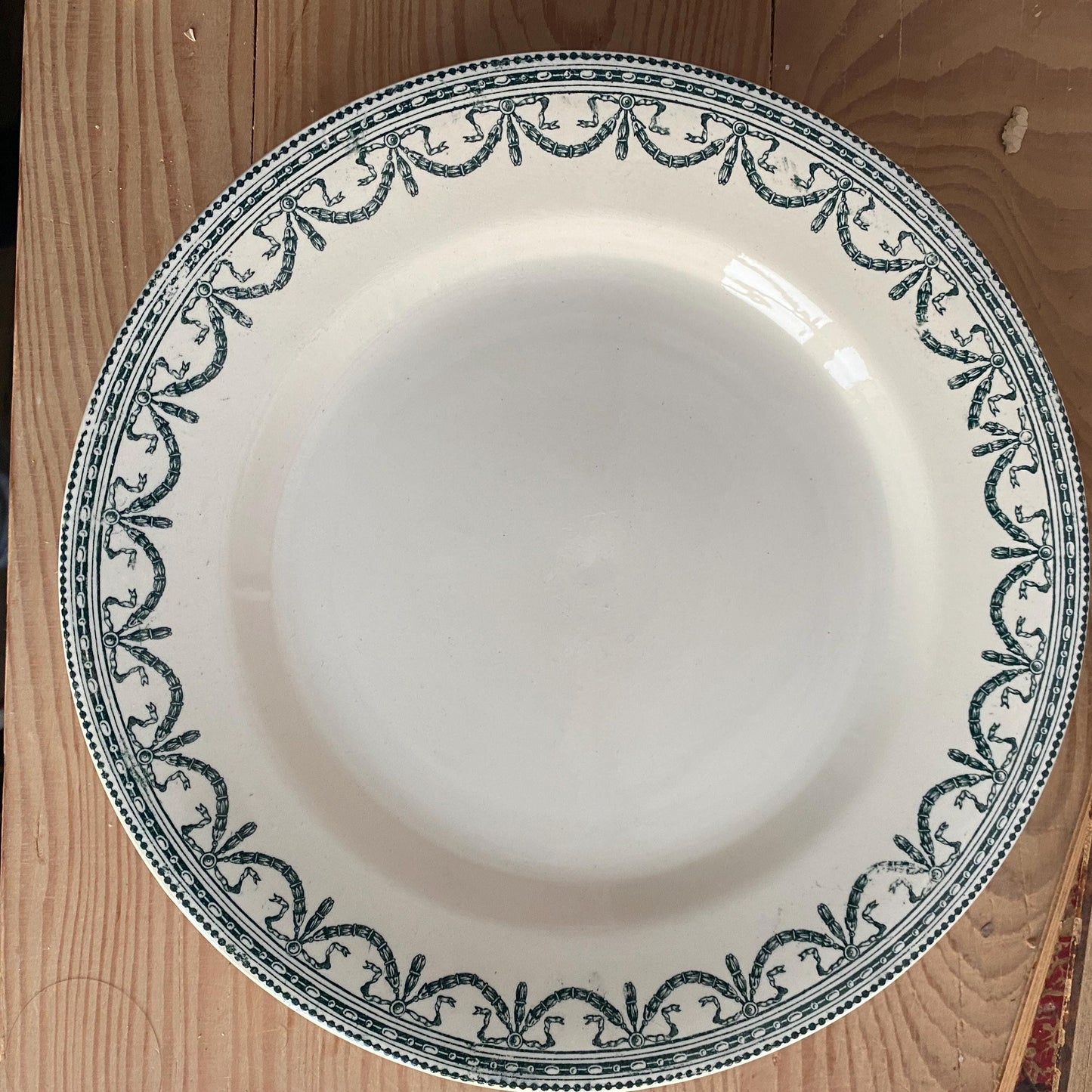 Antique Dinner Service, Salins France 24/12-Place Dinner Service, 'Guirlandes Louis XVI' Pattern, 50pc Green Transferware