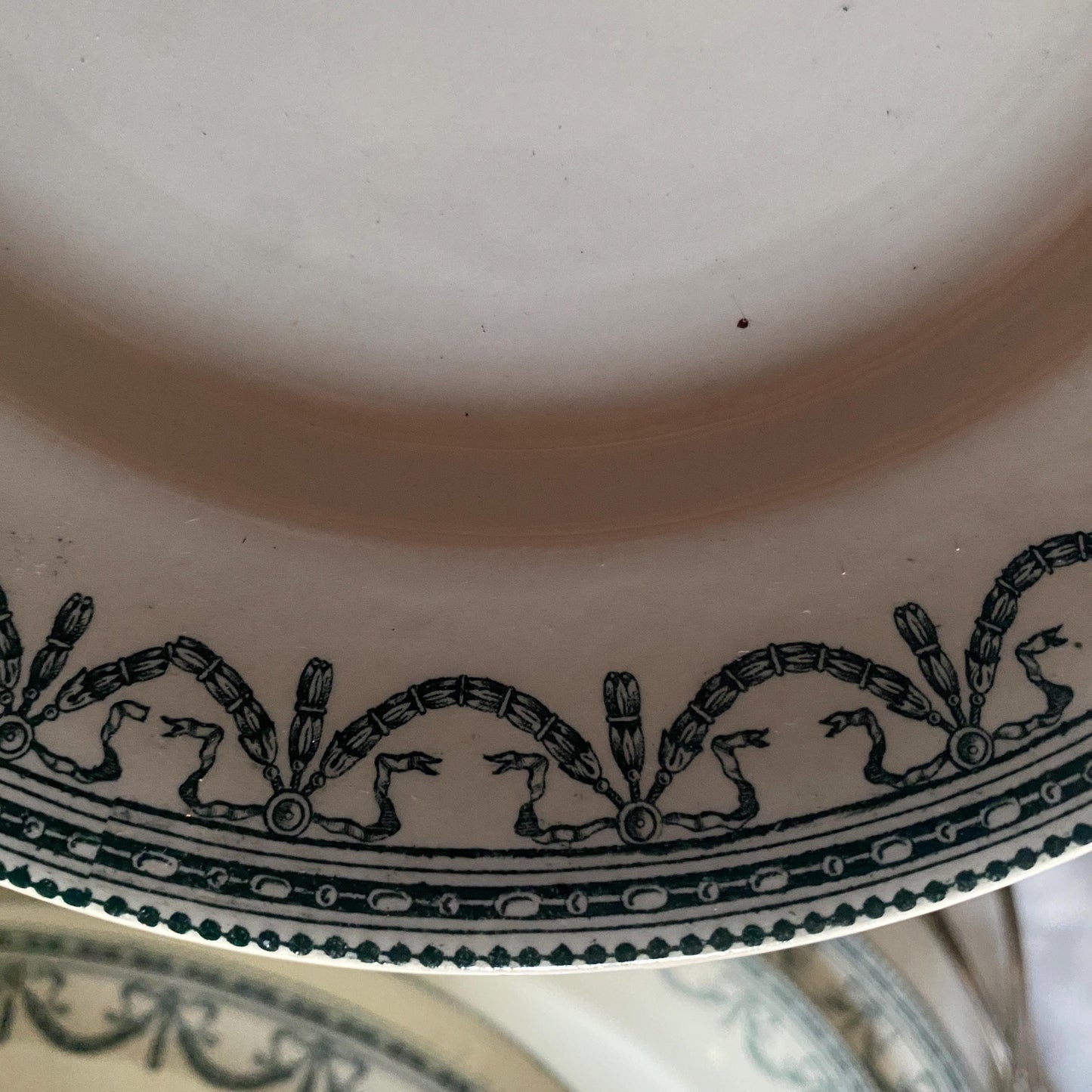 Antique Dinner Service, Salins France 24/12-Place Dinner Service, 'Guirlandes Louis XVI' Pattern, 50pc Green Transferware