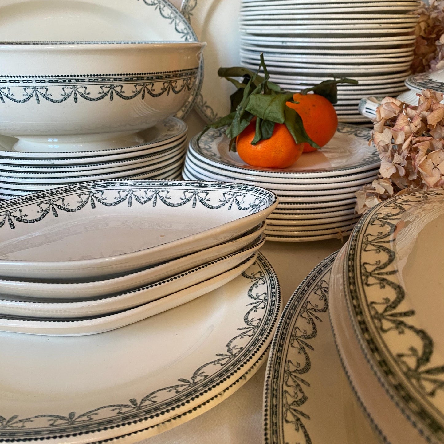 Antique Dinner Service, Salins France 24/12-Place Dinner Service, 'Guirlandes Louis XVI' Pattern, 50pc Green Transferware