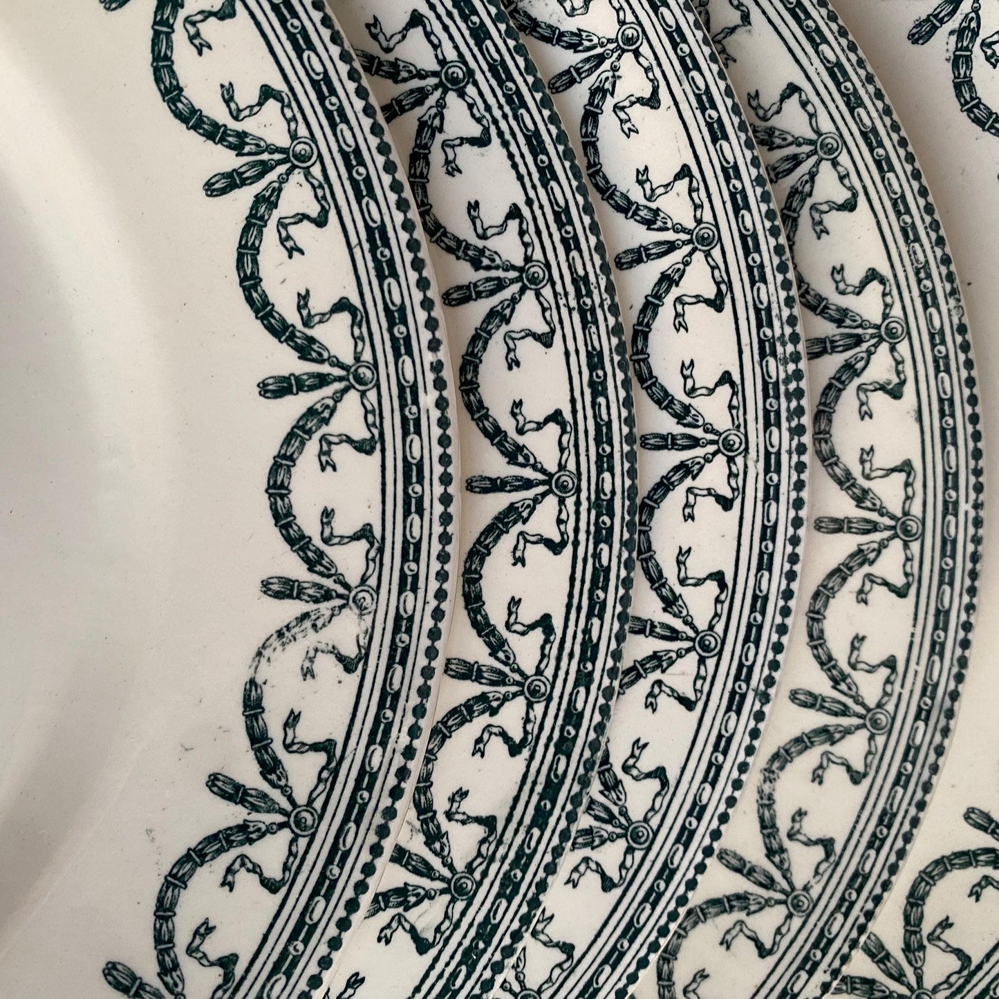 Antique Dinner Service, Salins France 24/12-Place Dinner Service, 'Guirlandes Louis XVI' Pattern, 50pc Green Transferware