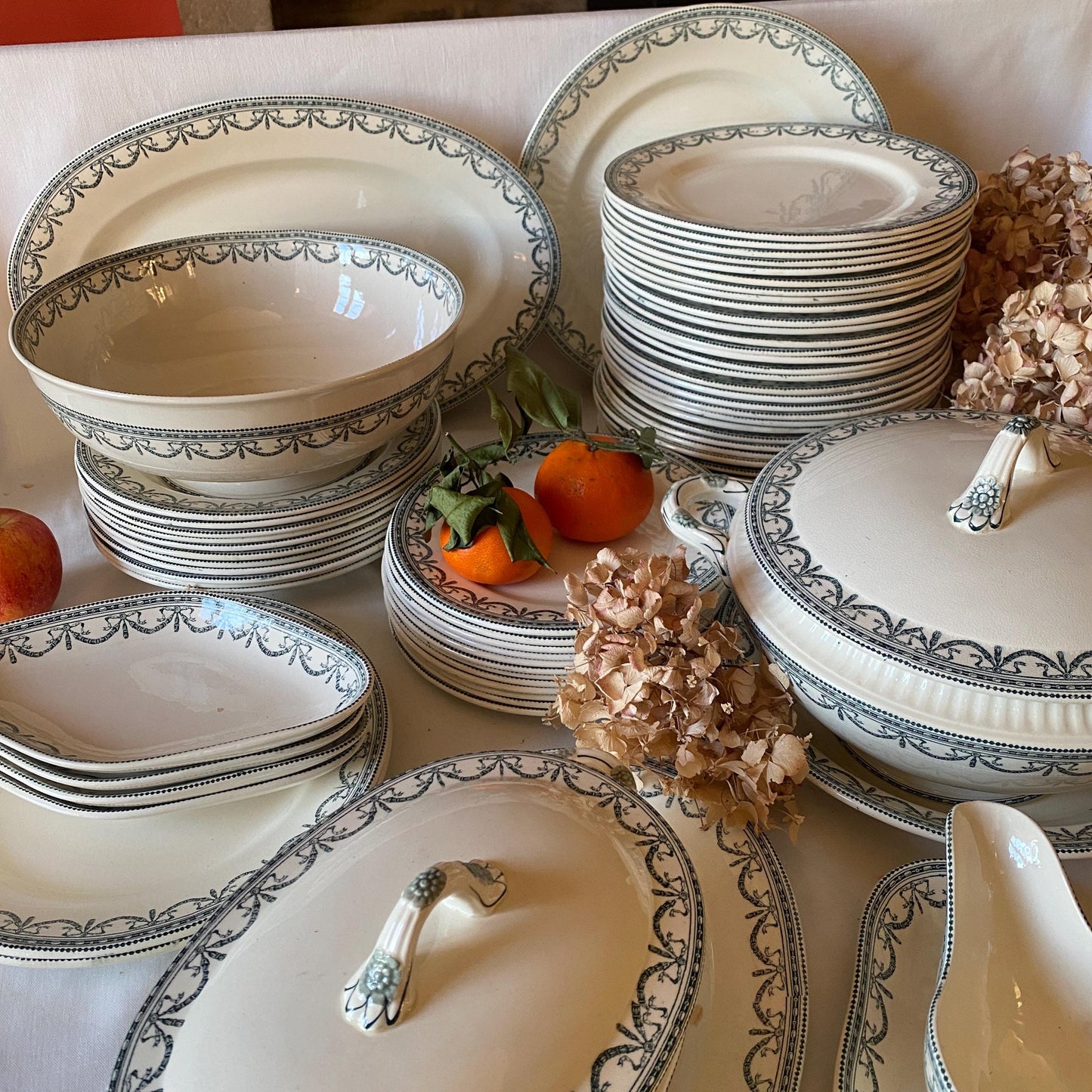 Antique Dinner Service, Salins France 24/12-Place Dinner Service, 'Guirlandes Louis XVI' Pattern, 50pc Green Transferware