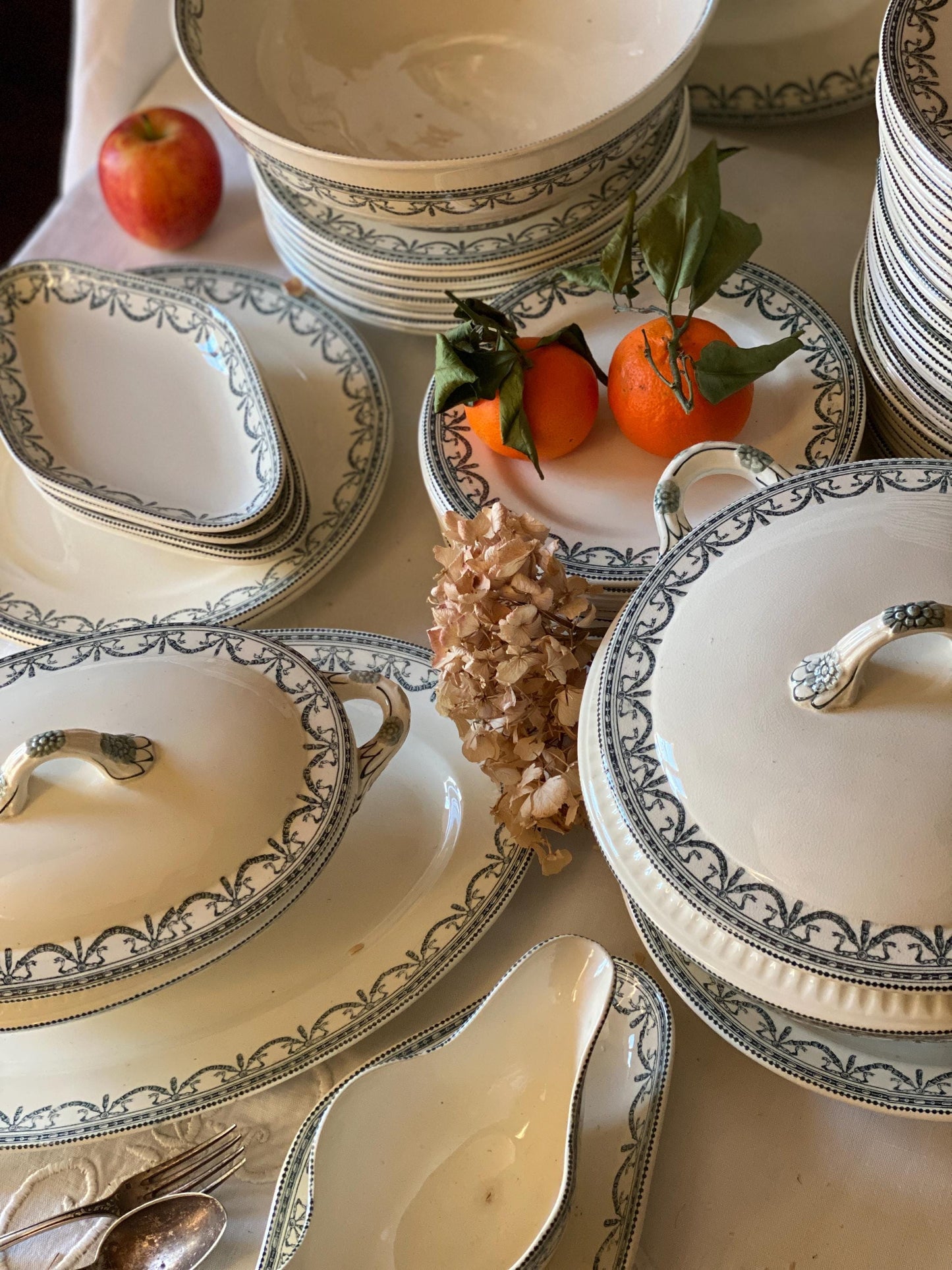 Antique Dinner Service, Salins France 24/12-Place Dinner Service, 'Guirlandes Louis XVI' Pattern, 50pc Green Transferware