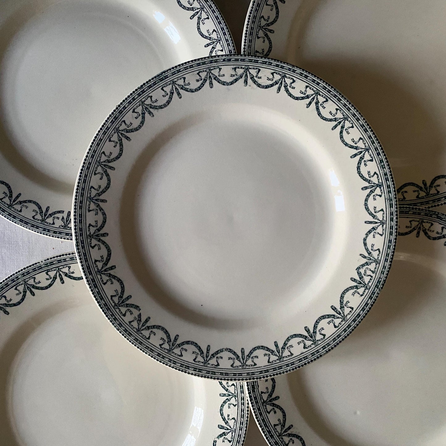 Antique Dinner Service, Salins France 24/12-Place Dinner Service, 'Guirlandes Louis XVI' Pattern, 50pc Green Transferware