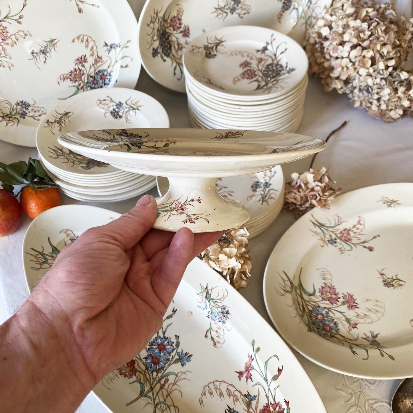 French Antique 10 to 20-Place Dinner Service, 45pc polychrome Floral Design, Salins 'Bluets' c1900