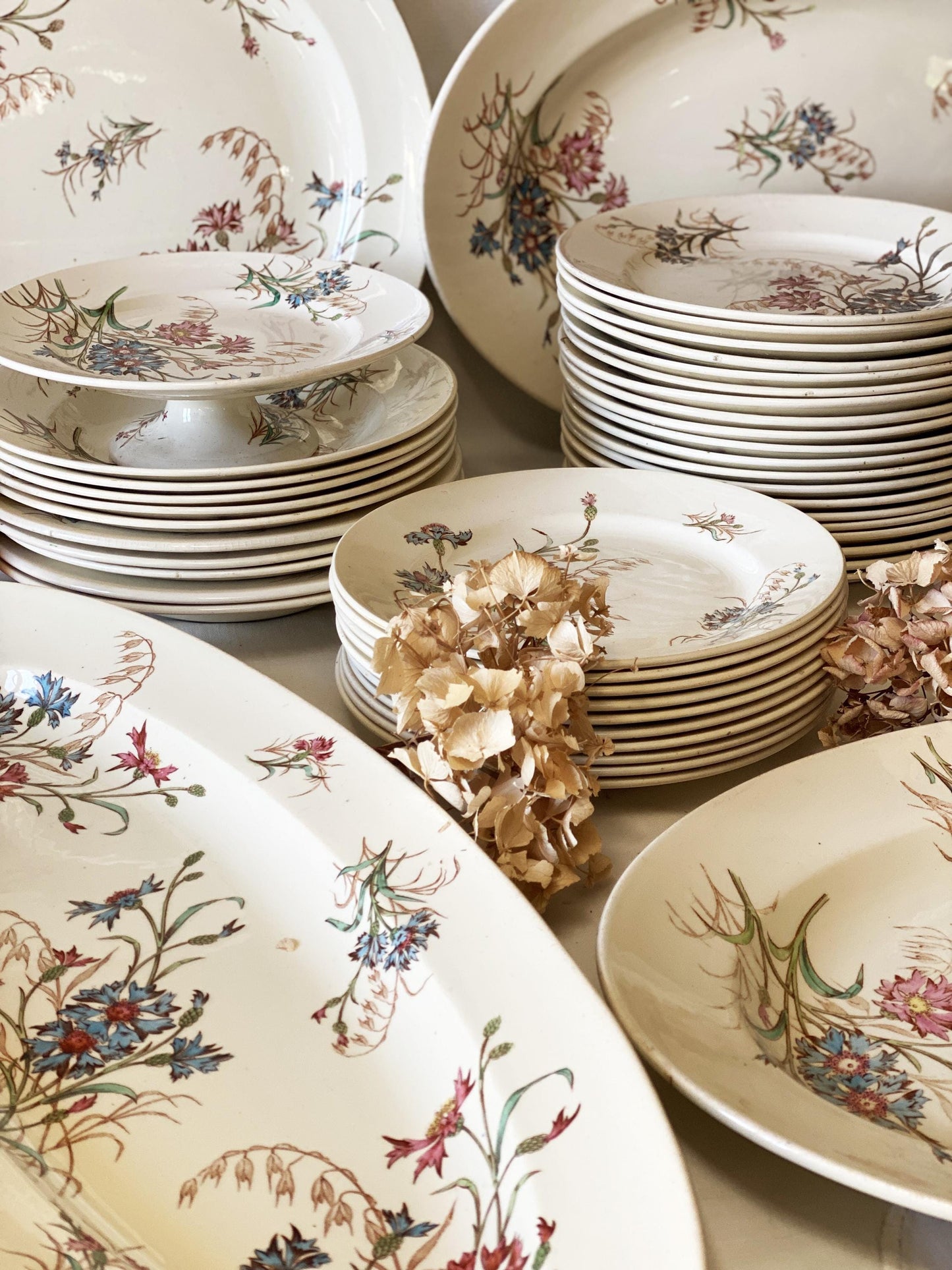 French Antique 10 to 20-Place Dinner Service, 45pc polychrome Floral Design, Salins 'Bluets' c1900
