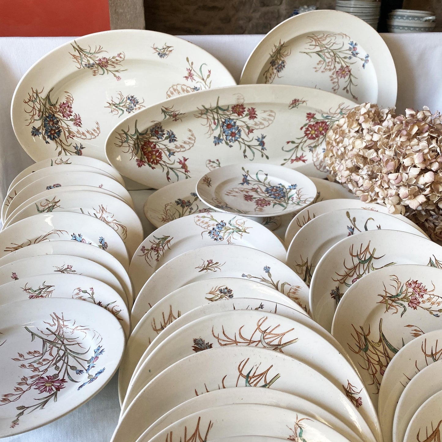 French Antique 10 to 20-Place Dinner Service, 45pc polychrome Floral Design, Salins 'Bluets' c1900