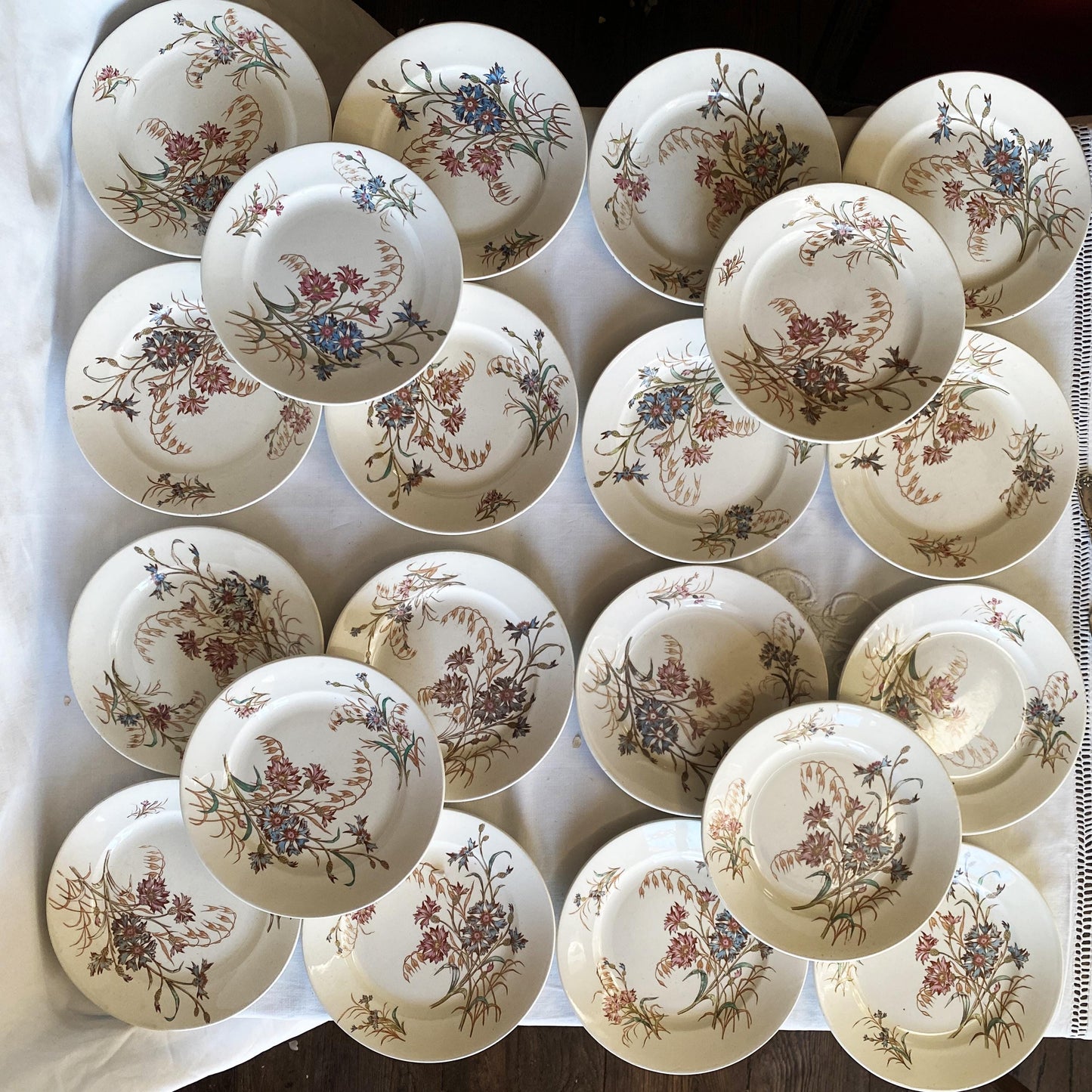French Antique 10 to 20-Place Dinner Service, 45pc polychrome Floral Design, Salins 'Bluets' c1900