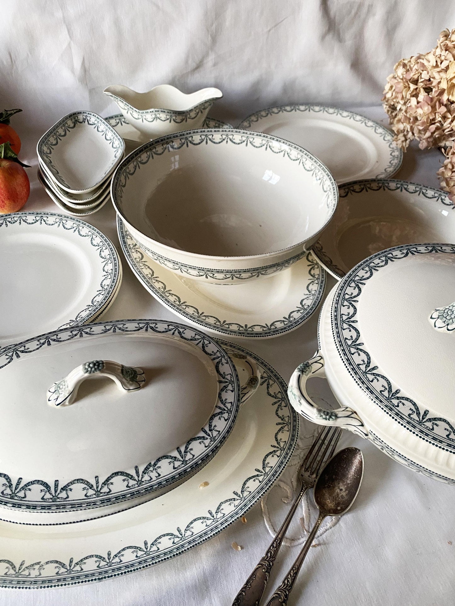 Antique Dinner Service, Salins France 24/12-Place Dinner Service, 'Guirlandes Louis XVI' Pattern, 50pc Green Transferware