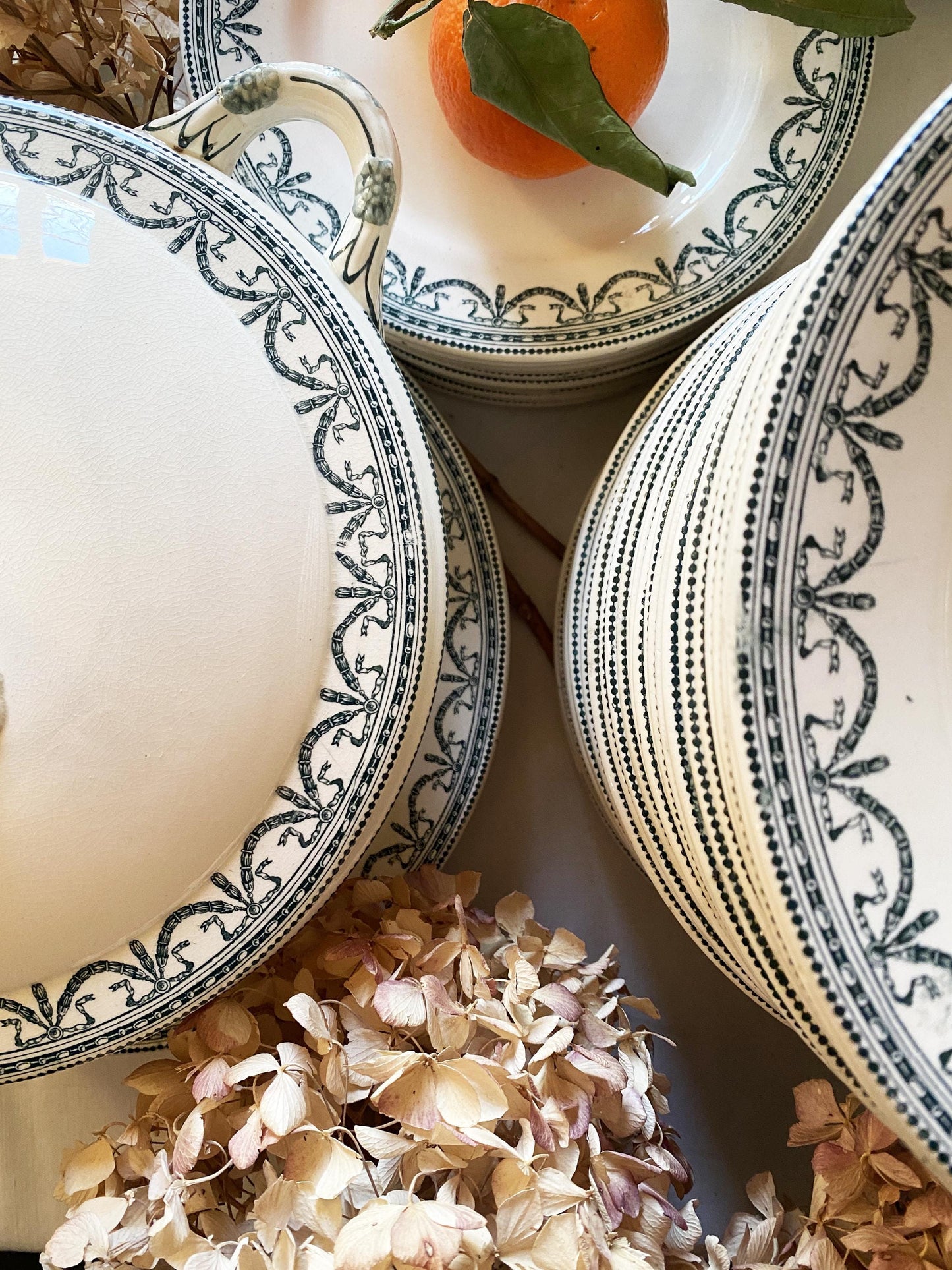 Antique Dinner Service, Salins France 24/12-Place Dinner Service, 'Guirlandes Louis XVI' Pattern, 50pc Green Transferware