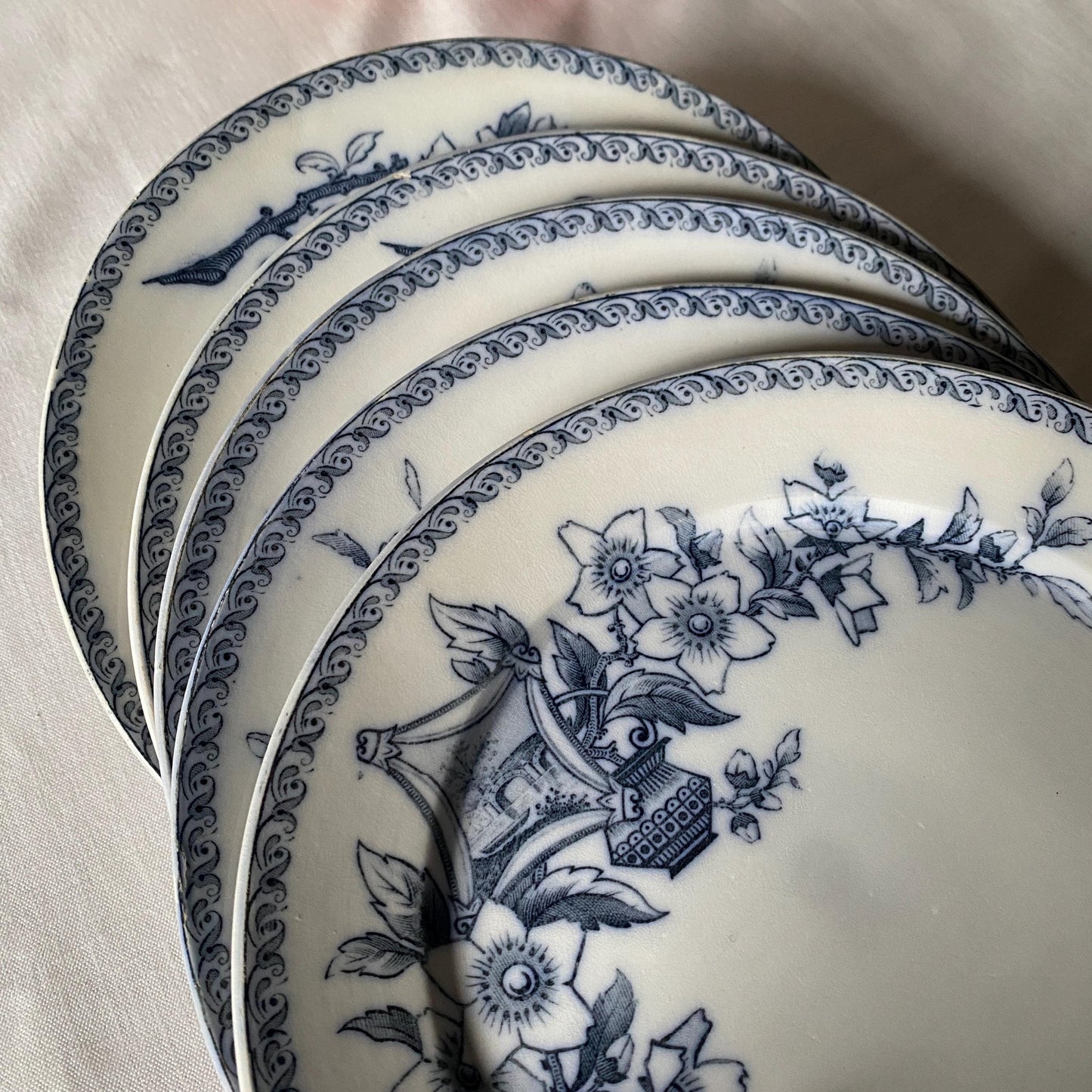 Set of 5 French antique dinner plates, flowers + butterflies, Aesthetic Movement 'Wallace' by U&C Sarreguemines, France 1900