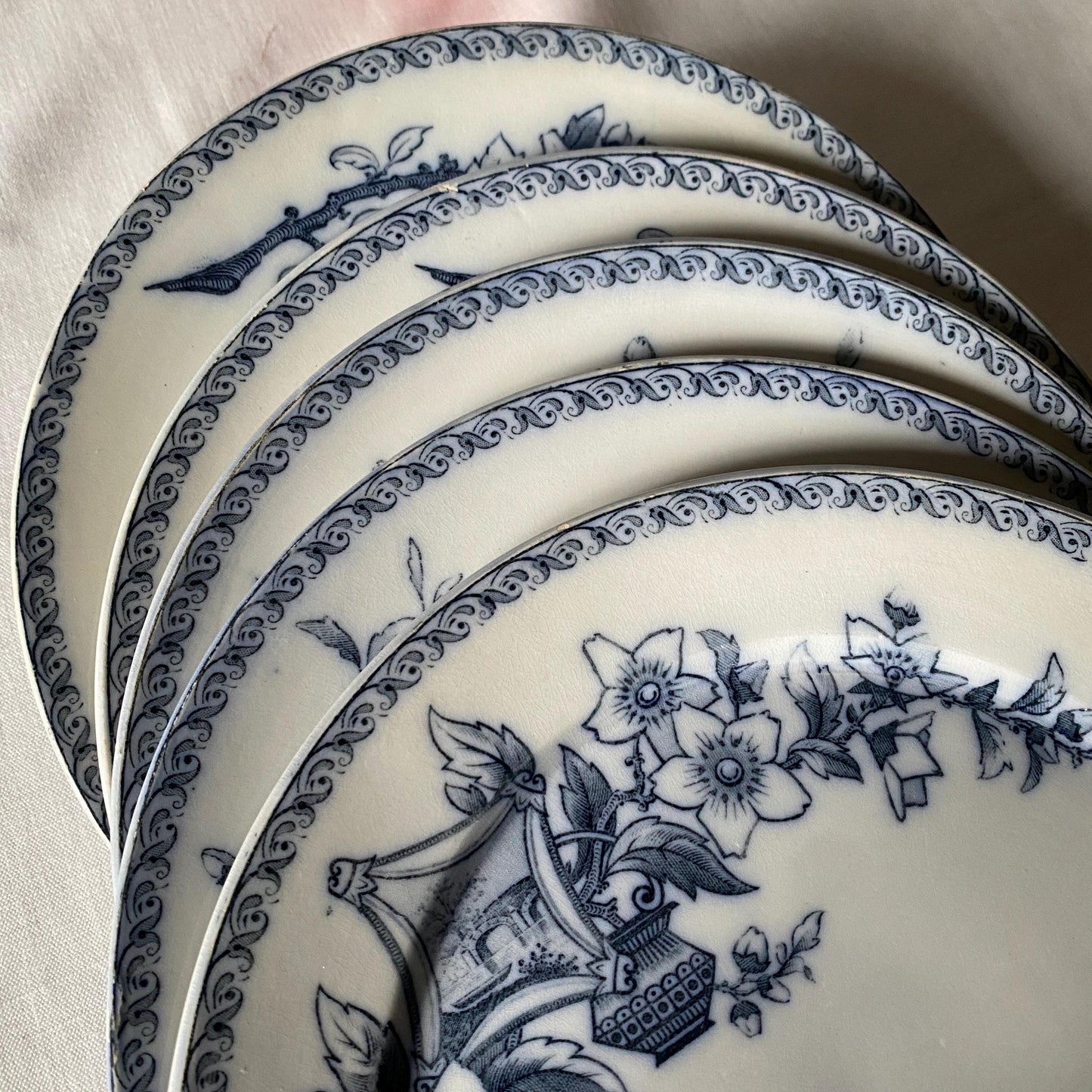Set of 5 French antique dinner plates, flowers + butterflies, Aesthetic Movement 'Wallace' by U&C Sarreguemines, France 1900