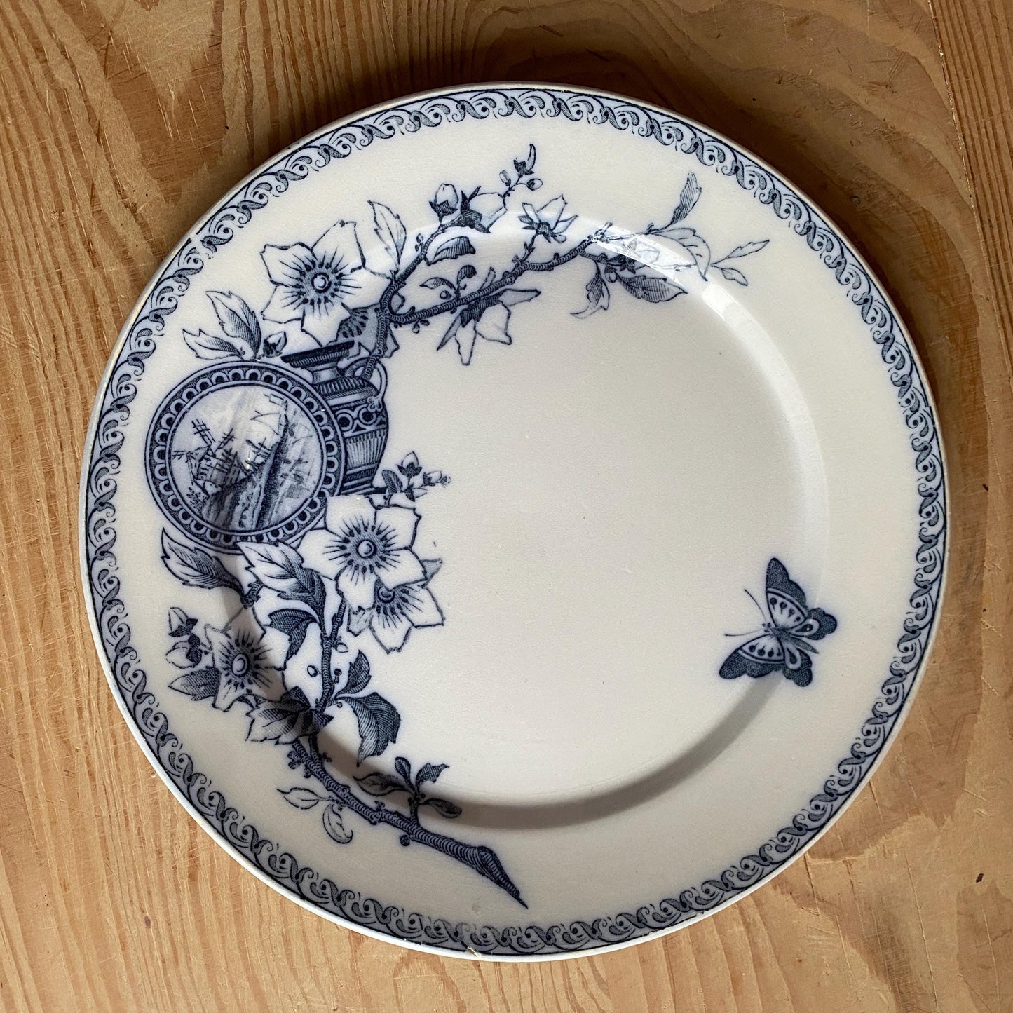 Set of 5 French antique dinner plates, flowers + butterflies, Aesthetic Movement 'Wallace' by U&C Sarreguemines, France 1900