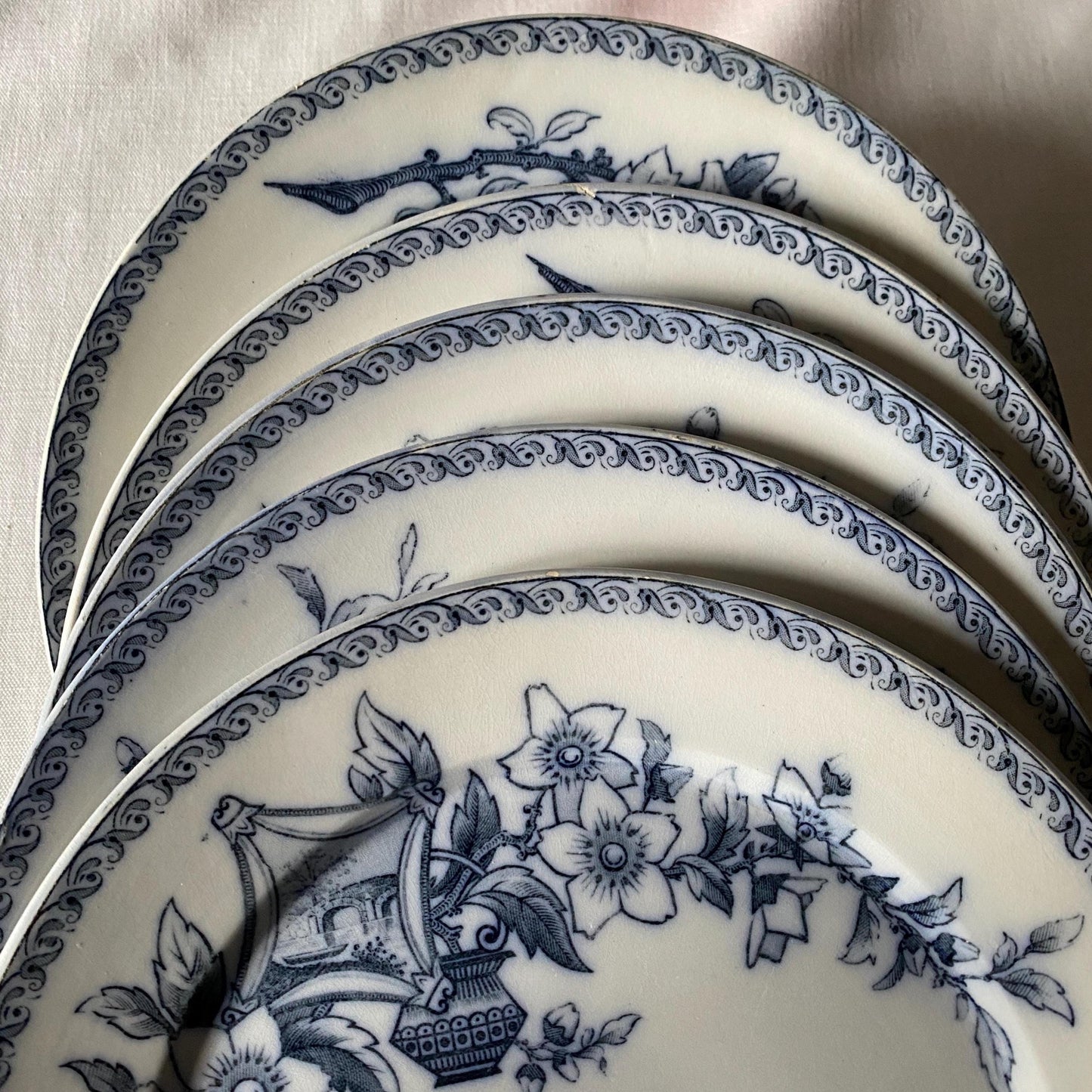 Set of 5 French antique dinner plates, flowers + butterflies, Aesthetic Movement 'Wallace' by U&C Sarreguemines, France 1900